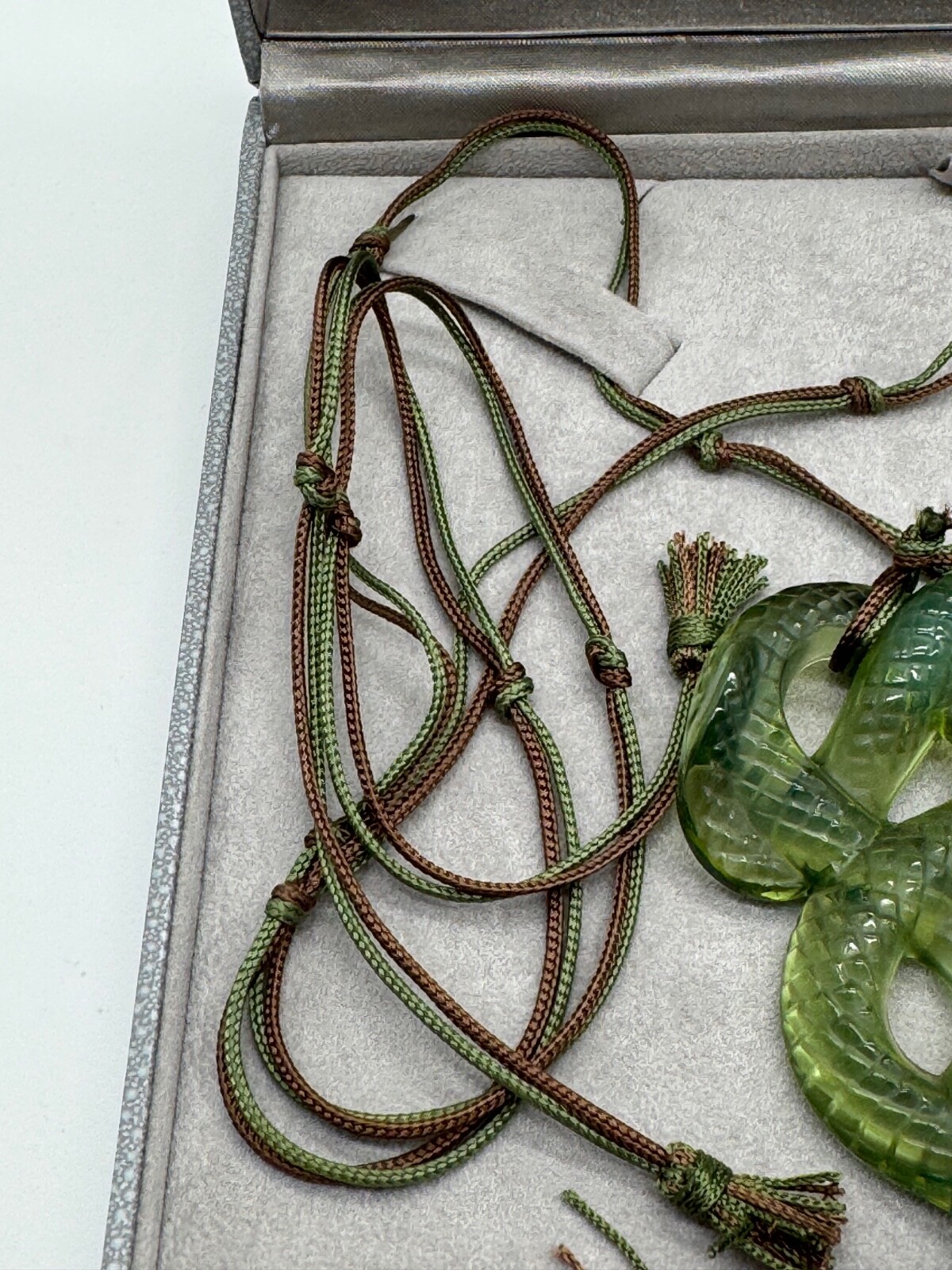 Lalique France Crystal Green Snake Serpent Pendant Silk Cord Necklace w/ Box