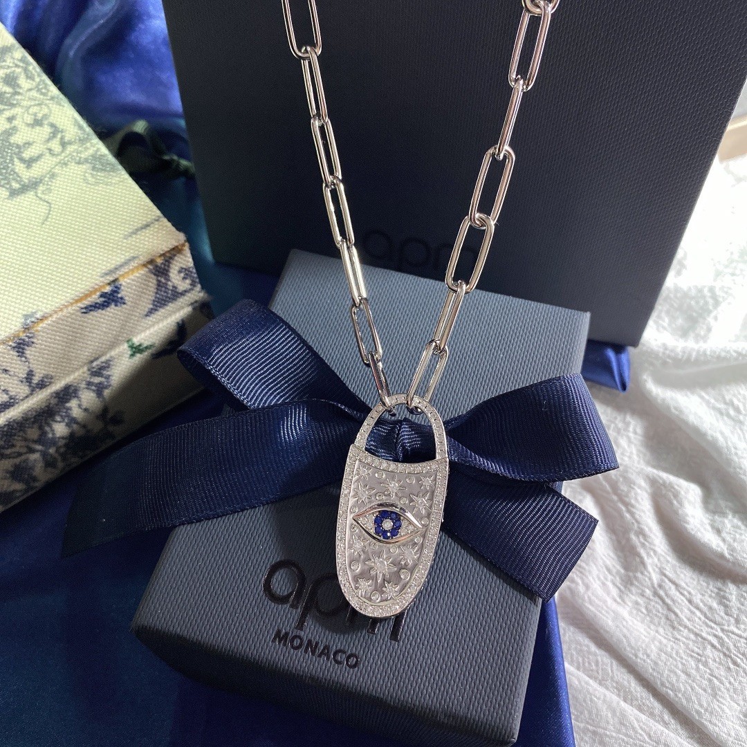 APM Monaco Evil Eye Crystal Padlock Chain Necklace Silver Tone Statement Jewelry