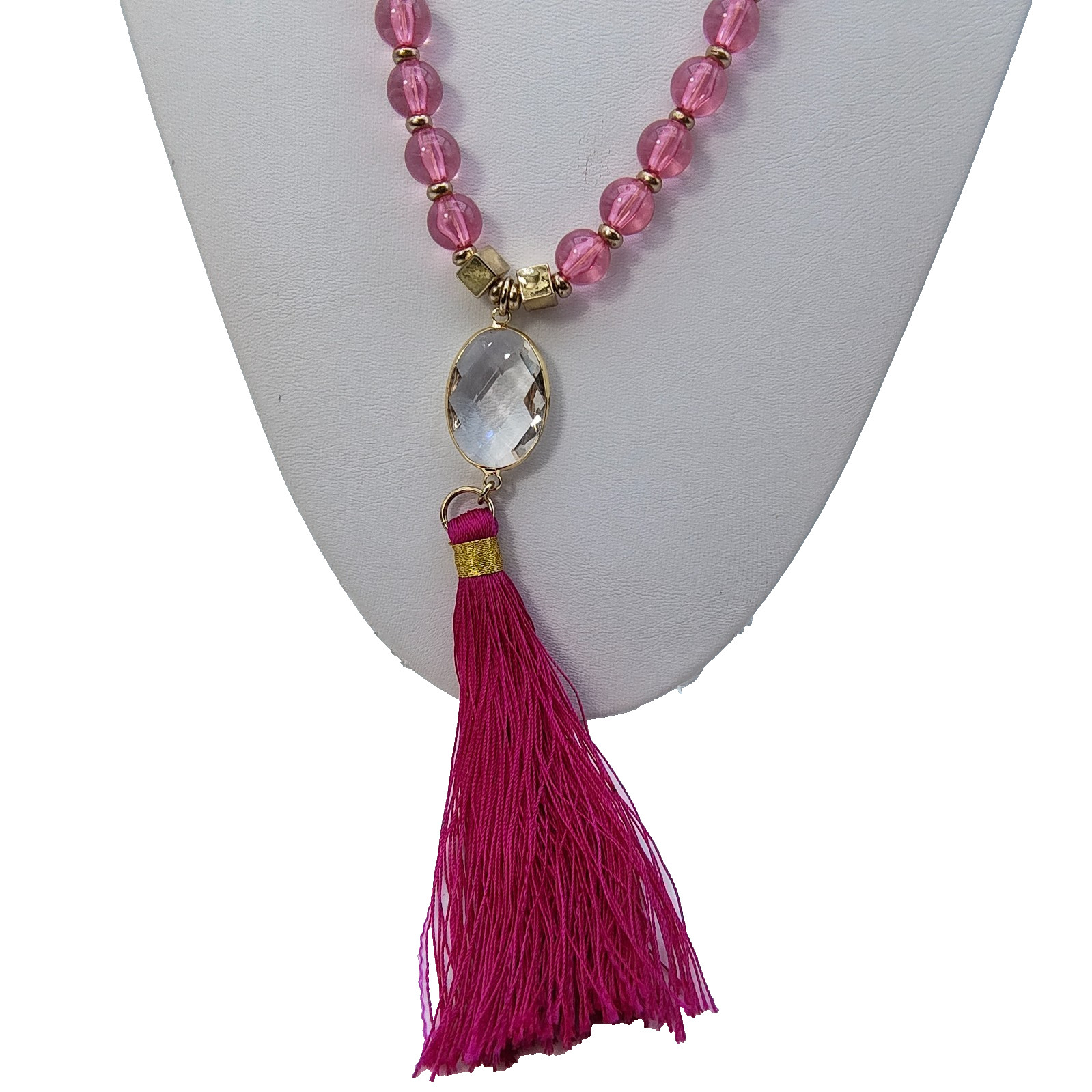 Zenzii Pink Beaded Tassel Necklace Glass Crystal Pendant Boho Barbiecore Opera