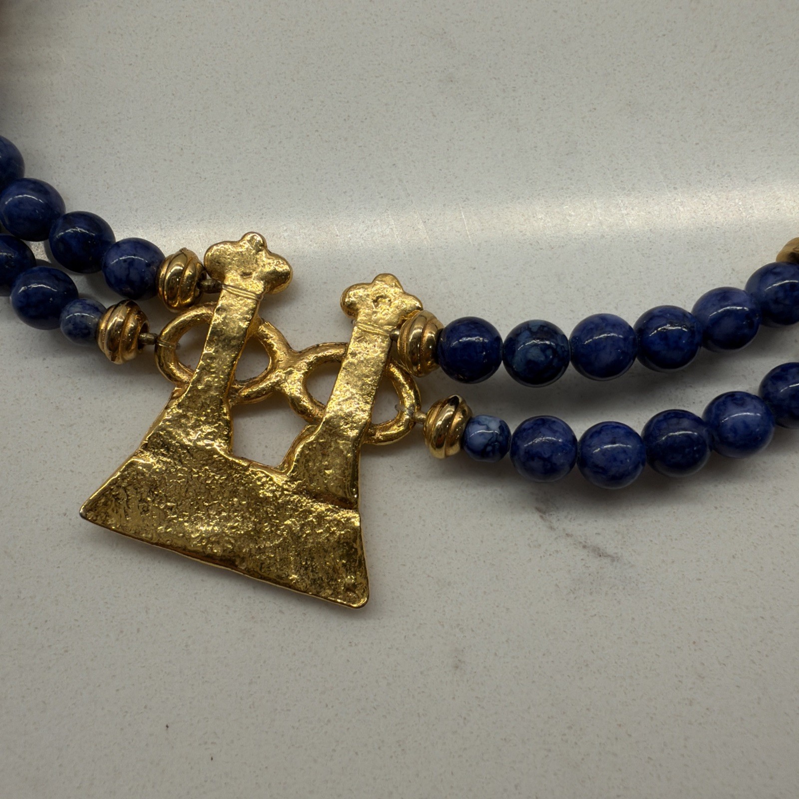 Lapis Lazuli Blue Beaded Necklace w/ Gold Tone Accents & Hook Clasp