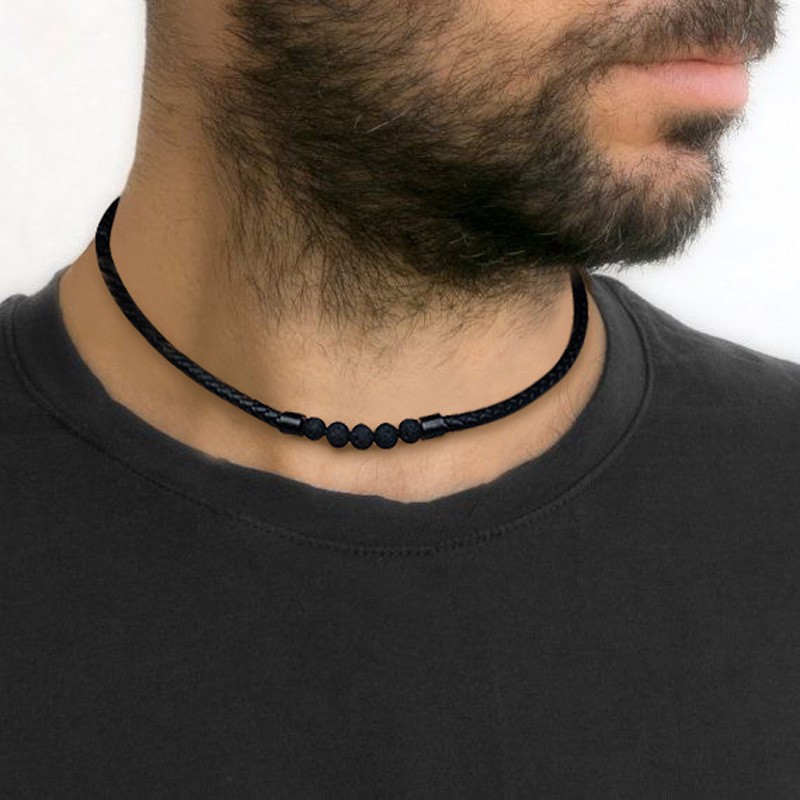 Man Lava Stone Necklace Choker Collar Braided Leather Rope Hobo Classic Jewelry