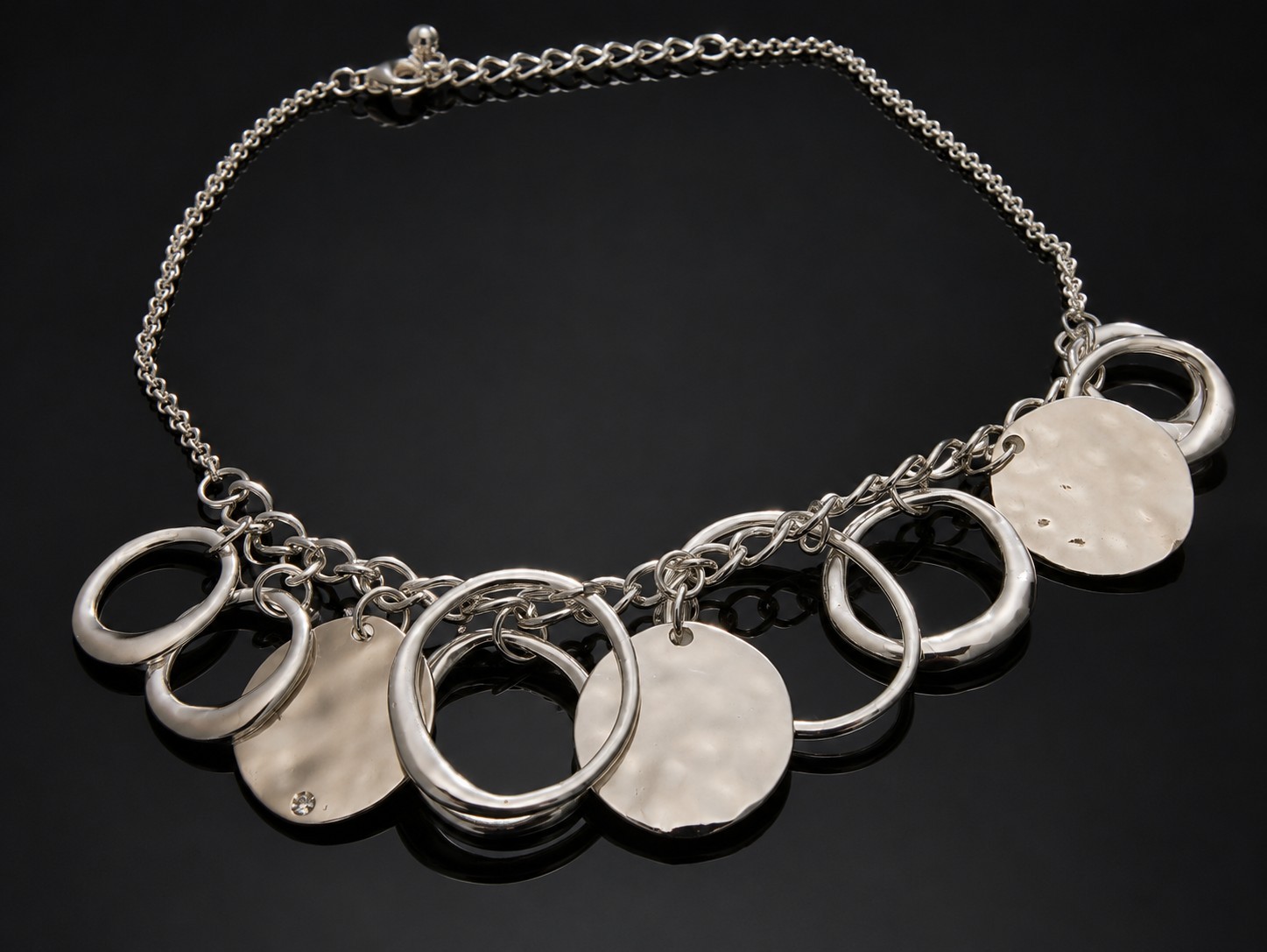 Unmarked Silver Tone Hammered Disc & Open Circle Statement Necklace Adjustable
