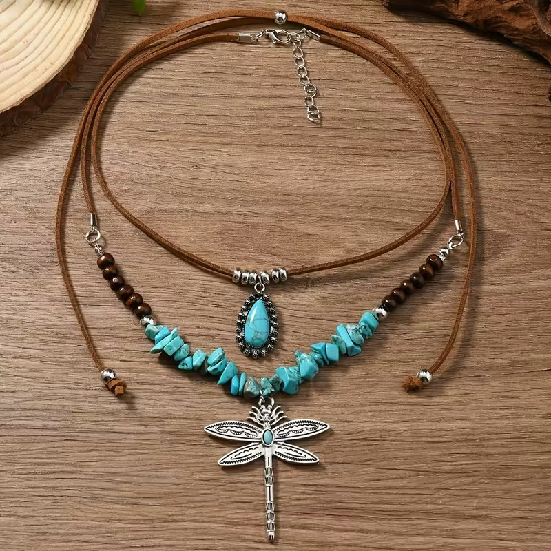 Turquoise Dragonfly Dual Necklace Jewelry American Nature Silvery Pendant