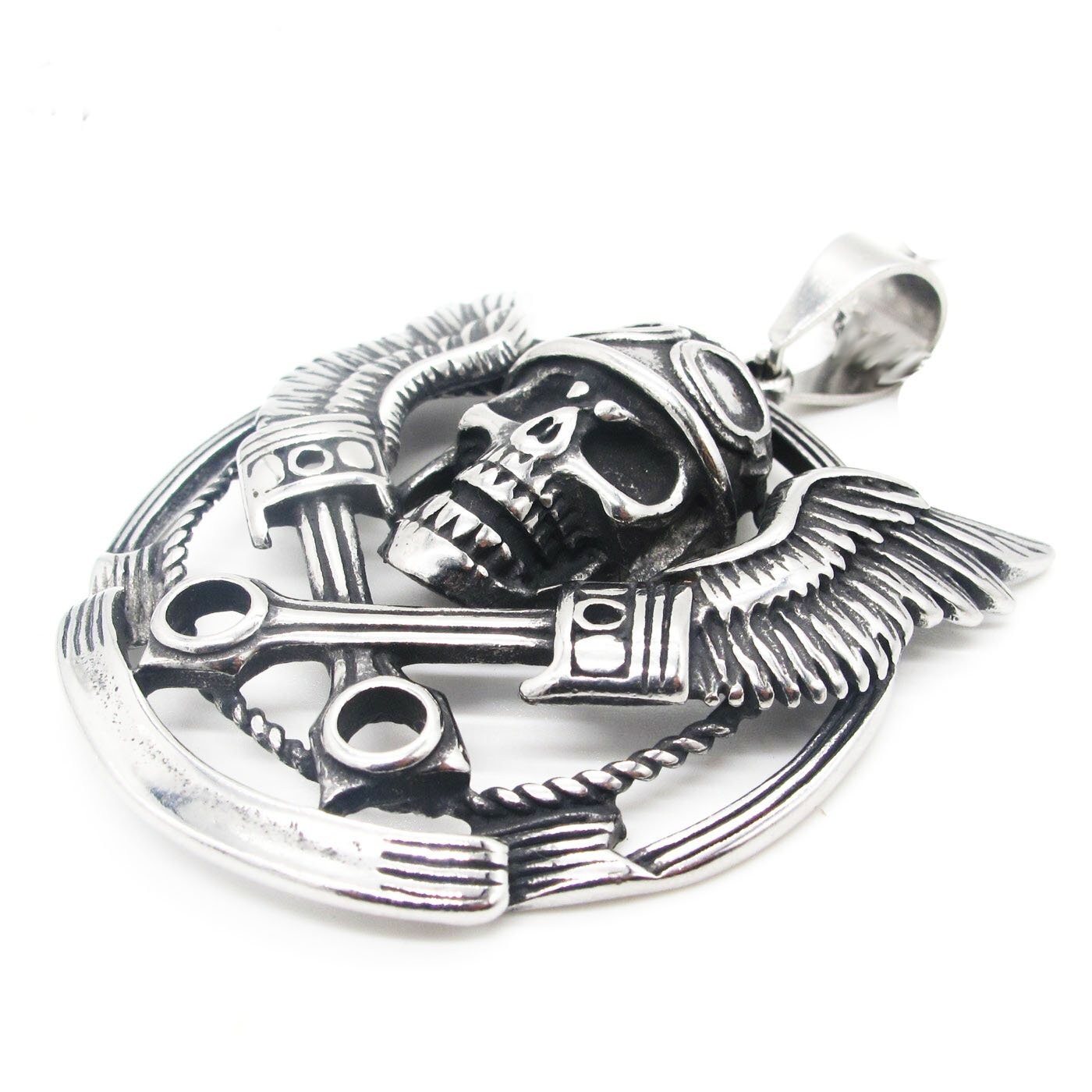 MENDEL Mens 30 Inch Motorcycle Club Biker Skull Pendant Necklace Stainless Steel