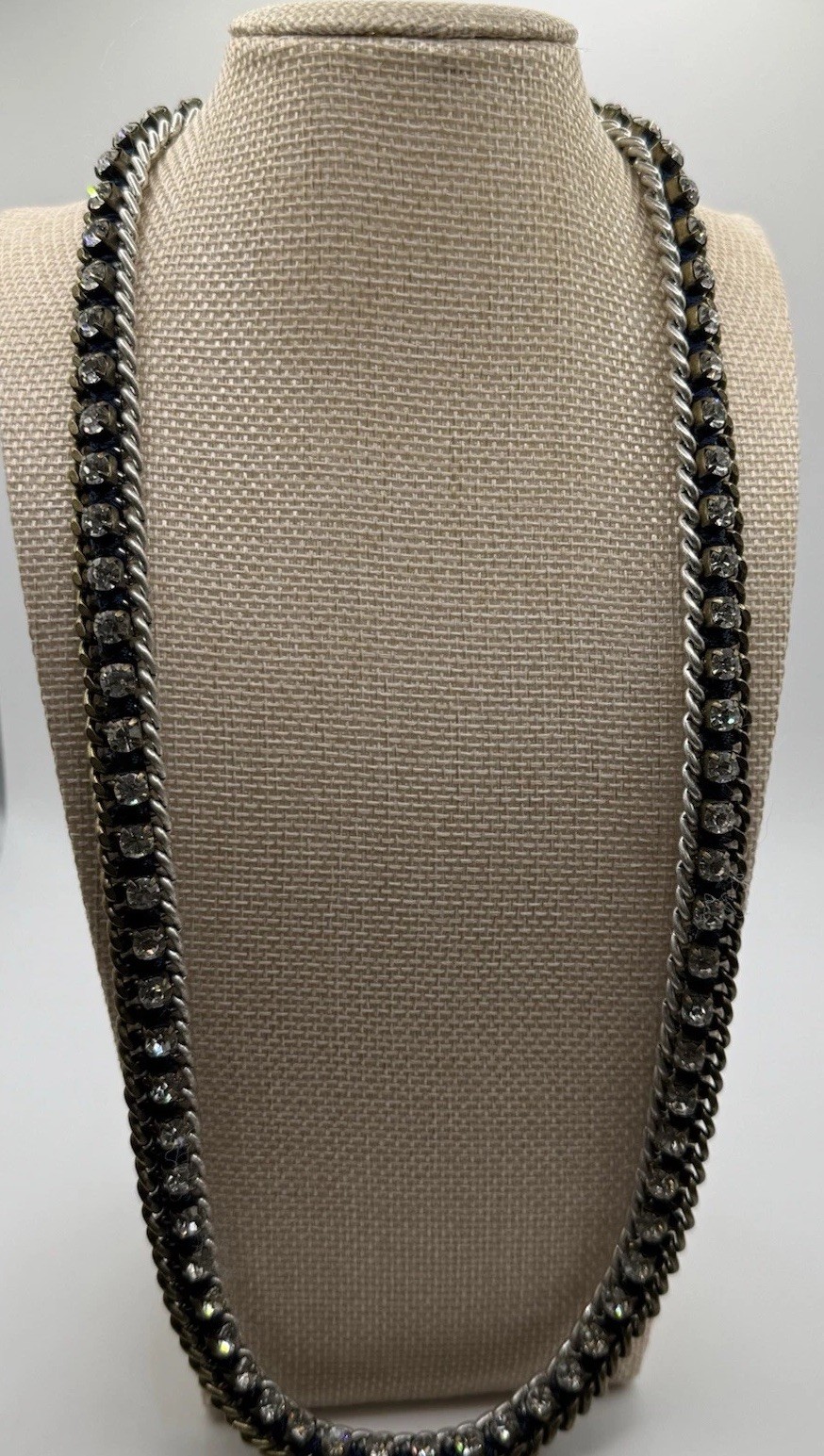 Long Gunmetal Rhinestone Crystal Curb Chain Statement Necklace 24” Woven cord