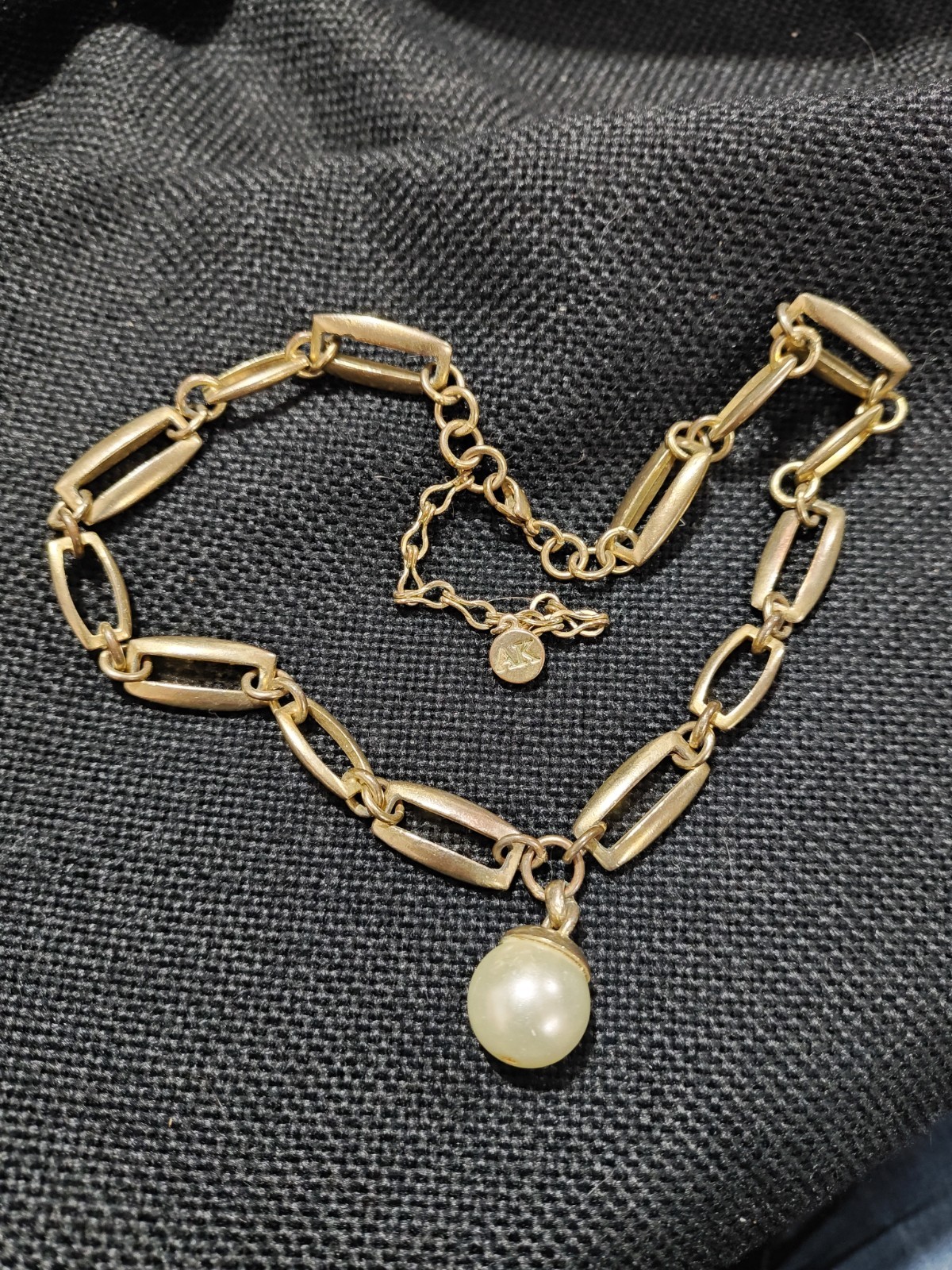 Anne Klein Antique Gold-Tone Paperclip Link Chain Necklace w/Faux Pearl Pendant.