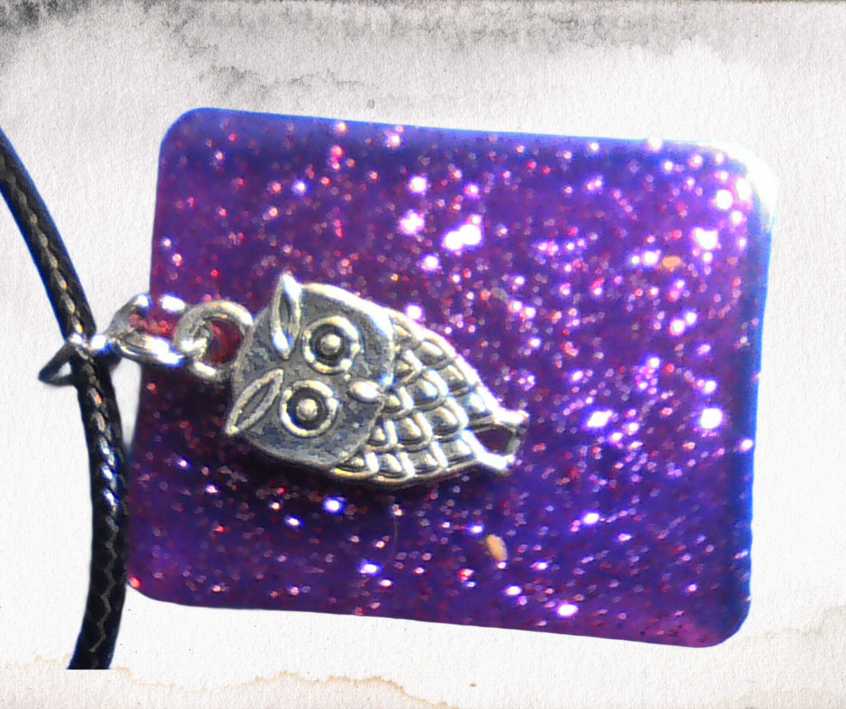 Handmade Owl Resin Pendant Necklace Glitter Silver Charm Black Cord 18″ Gift