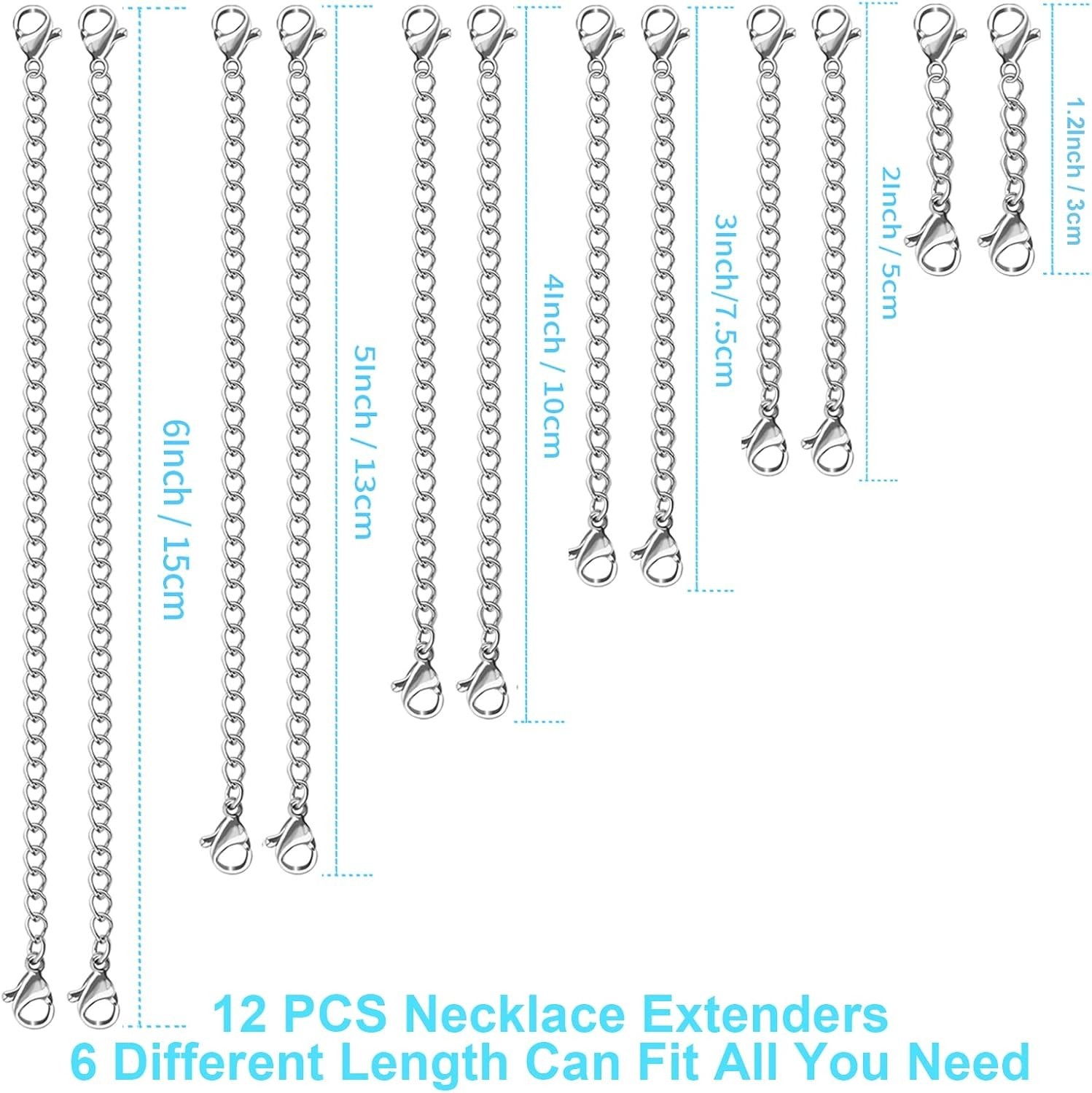 12 PCS Necklace Extenders – Stainless Steel Necklace Extension Chain for Jewelry