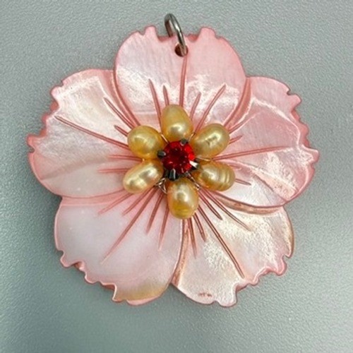 Pink Mother of Pearl Flower Pendant Red Rhinestone Cultured Pearls Tropical