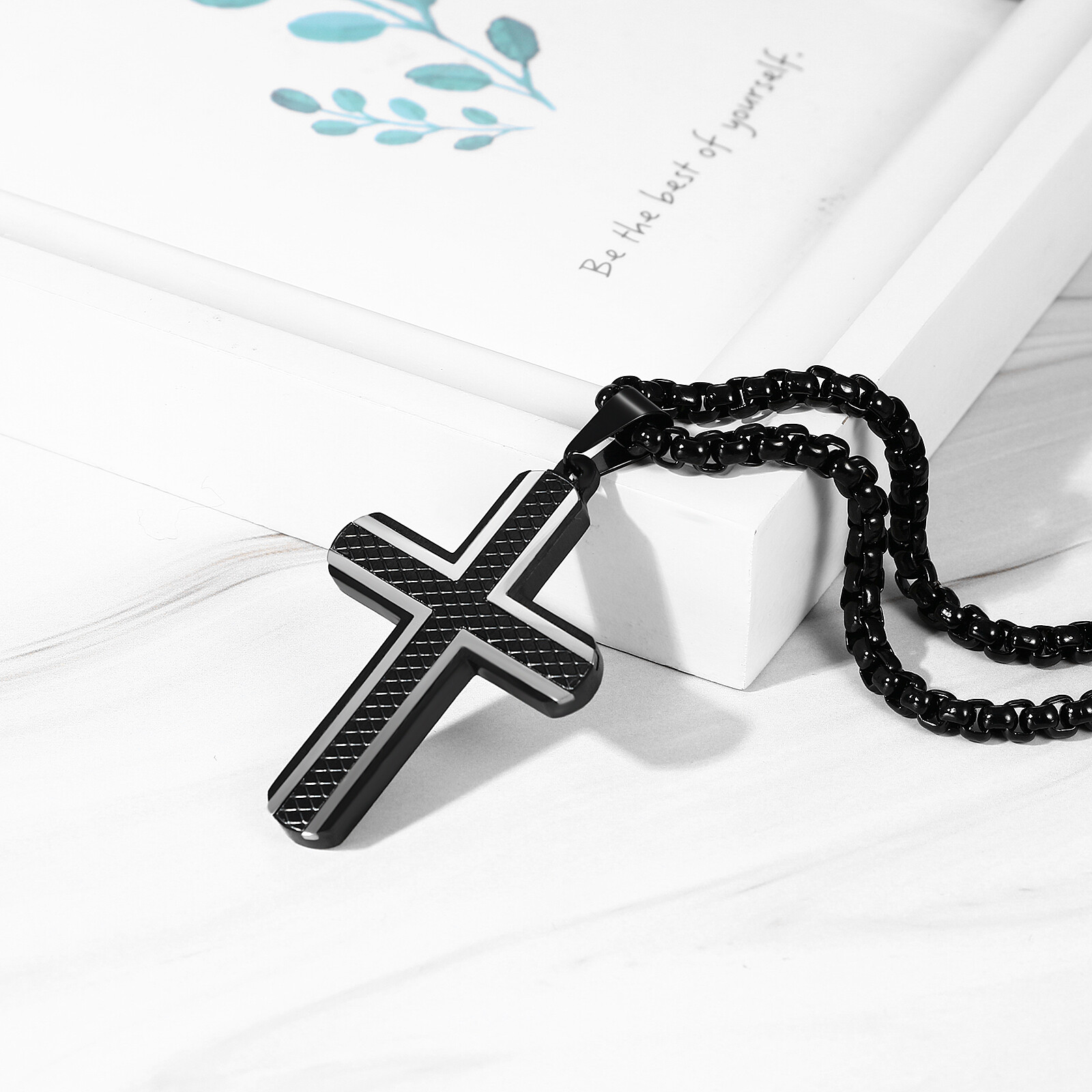 Mens Boys Cool Black Striped Cross Stainless Steel Pendant Necklace Chain 22in