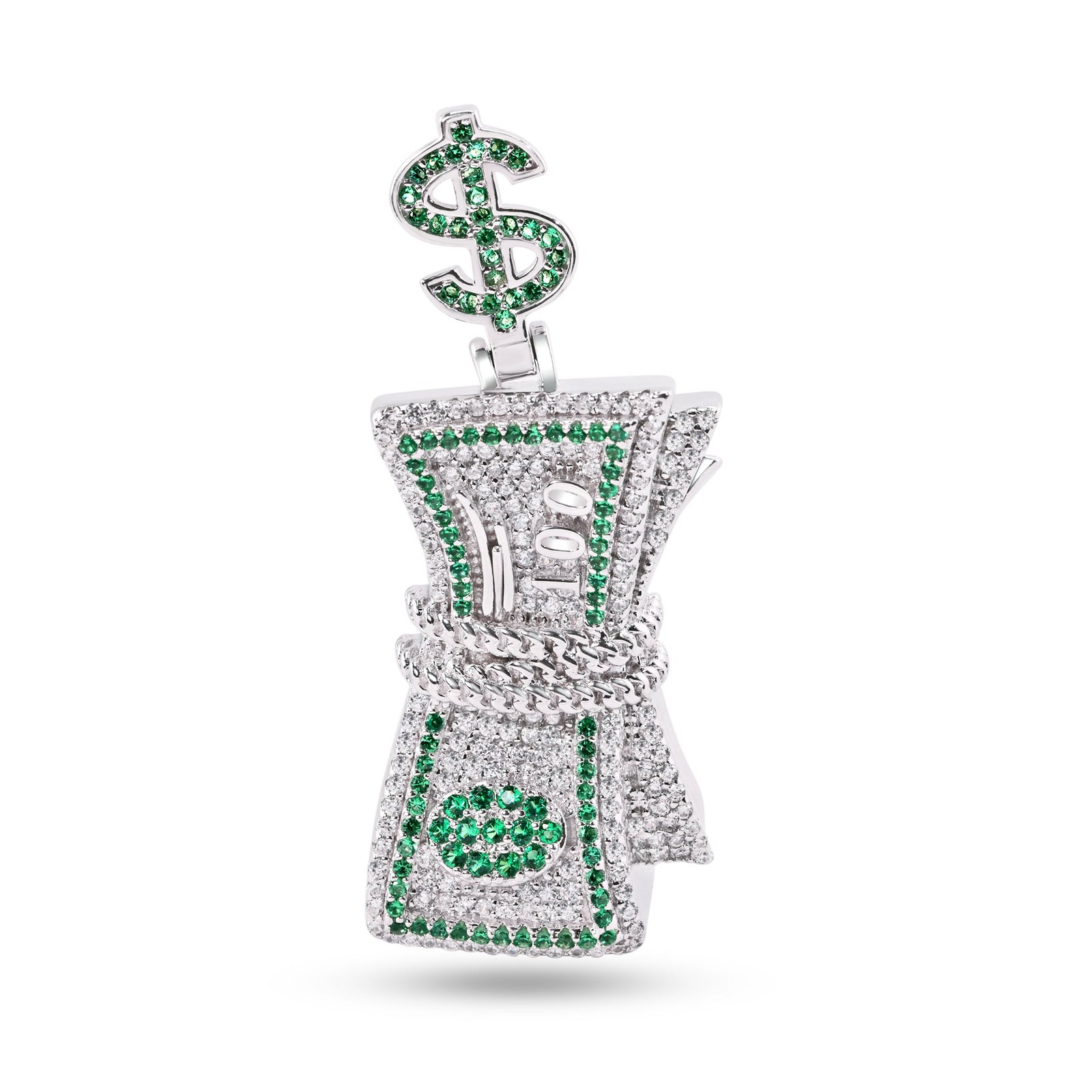 Rhodium Plated 925 Sterling Silver Bundle of Cash CZ Money $ Dollar Bill Pendant