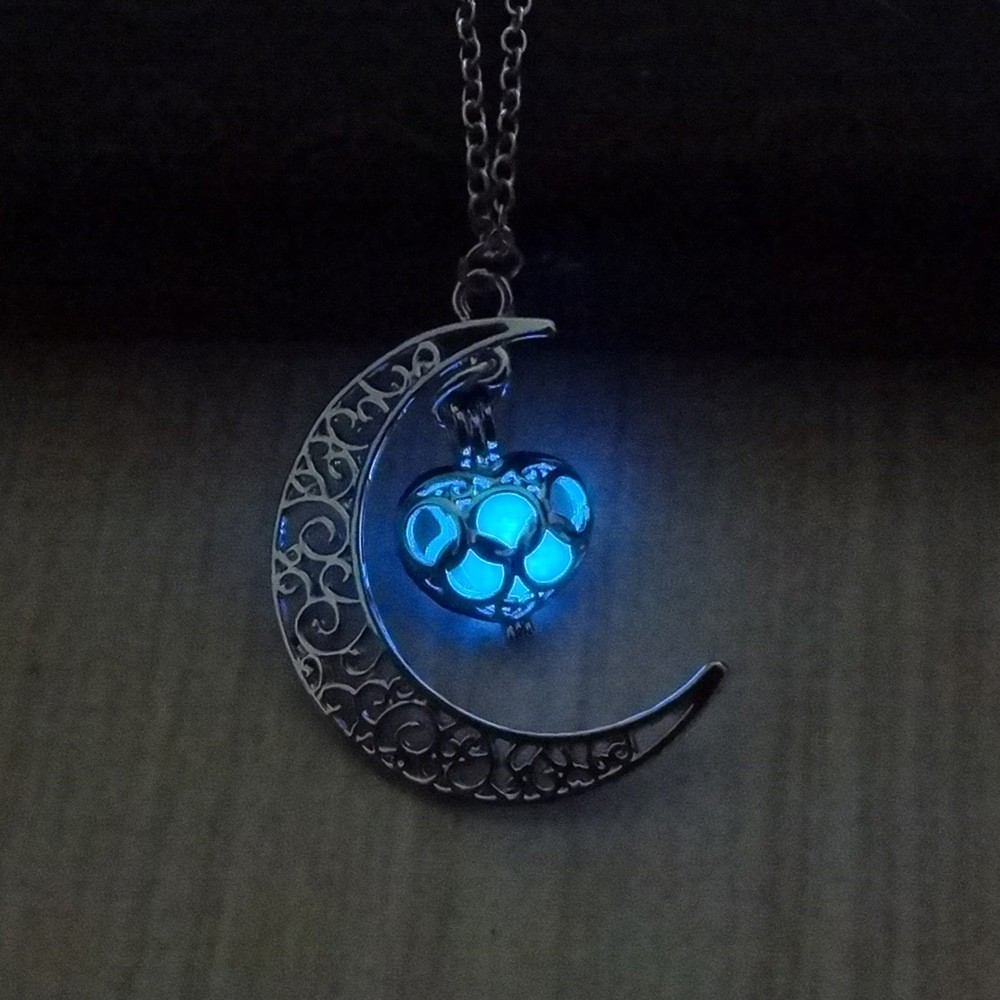 Glow in the Dark Moon and Heart Pendant Necklace – Silver Plated Fashion Jewelry
