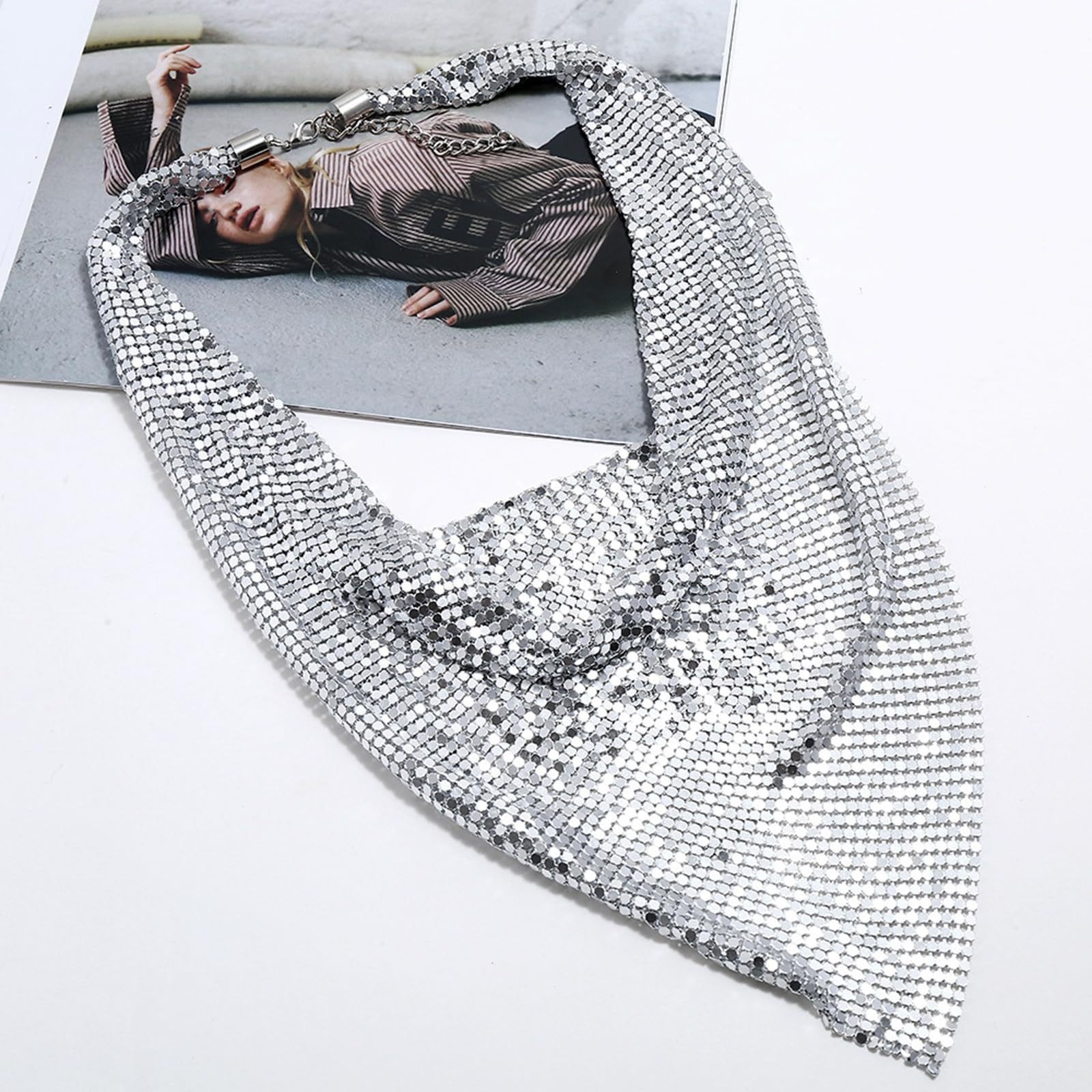 Silver Mesh Scarf Necklace Statement Choker Draped Metal Chain Party Jewelry