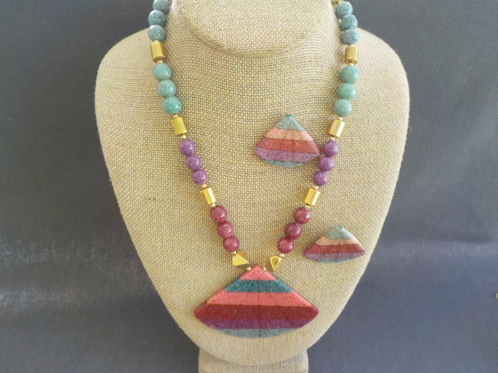 Triangle Necklace & Pierced Earrings Plastic Metal Green Purple Dark Red Blue