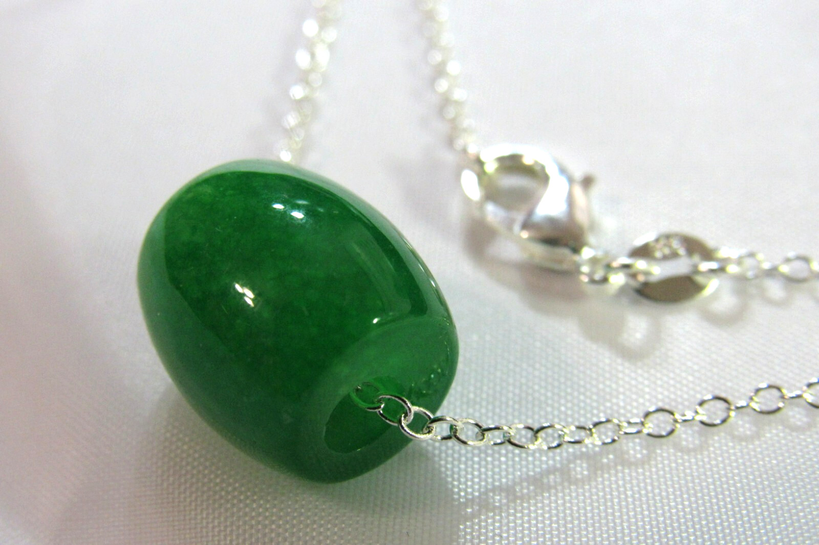NATURAL DARK GREEN Jade Carved Chinese Lucky Barrel Pendant 925 Silver Necklace