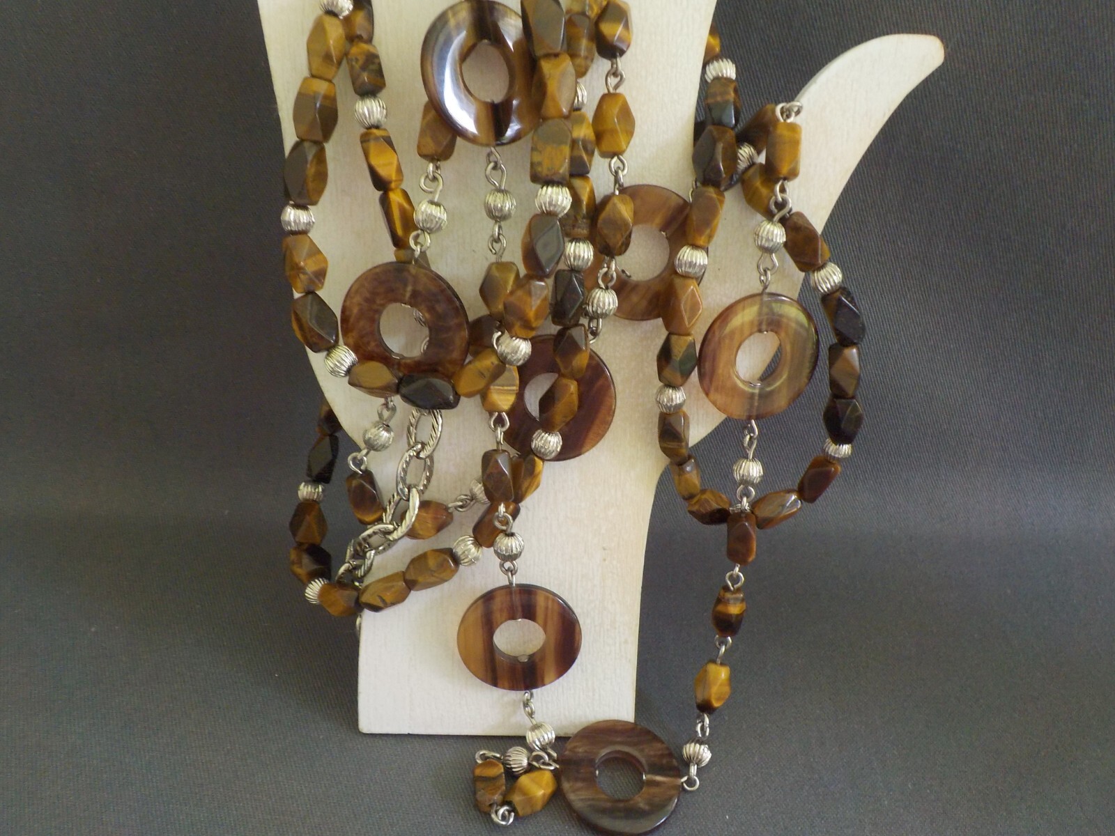 Tiger’s Eye & Plastic Round Double Strand Bead Necklace Long Brown Faceted