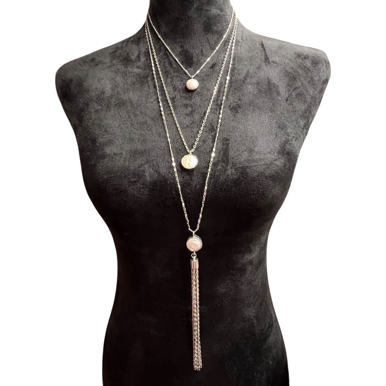 VERONESE Layered Necklace Silver Tone Baroque Pearl Pendant Tassel Chain Women
