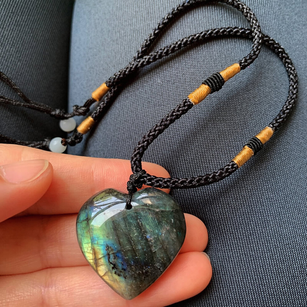 Natural Heart Pendant Labradorite Necklace Gem Moonstone Stone Crystal EOB