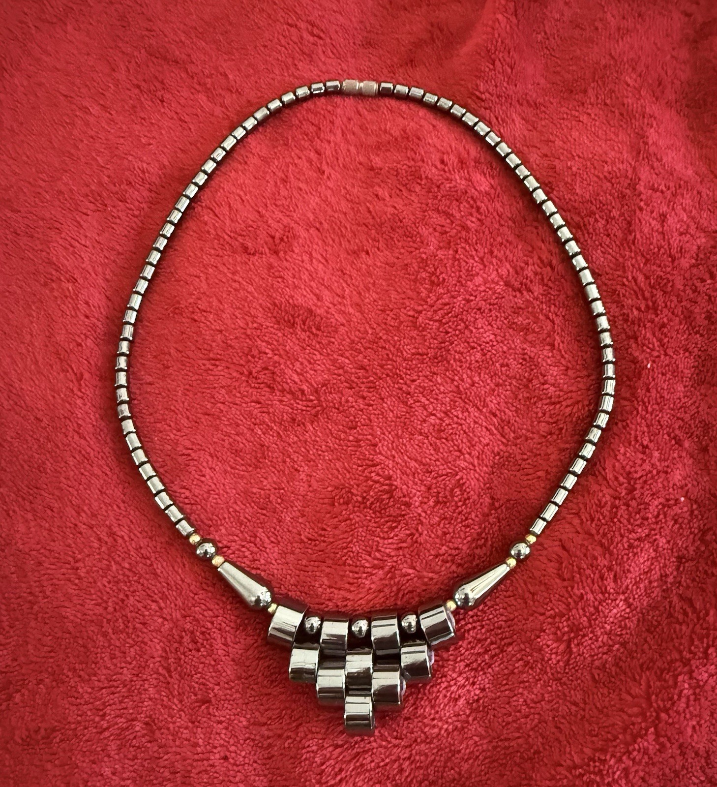 Gray Hematite Stone Beaded Necklace, Ball/Bead Chain, Geometric Charm Pendant