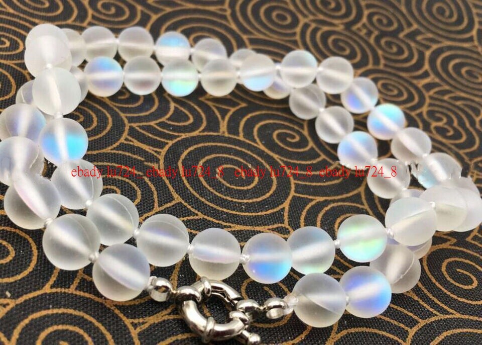 6-12mm White Gleamy Rainbow Moonstone Round Gems Beads Necklace 16-36”