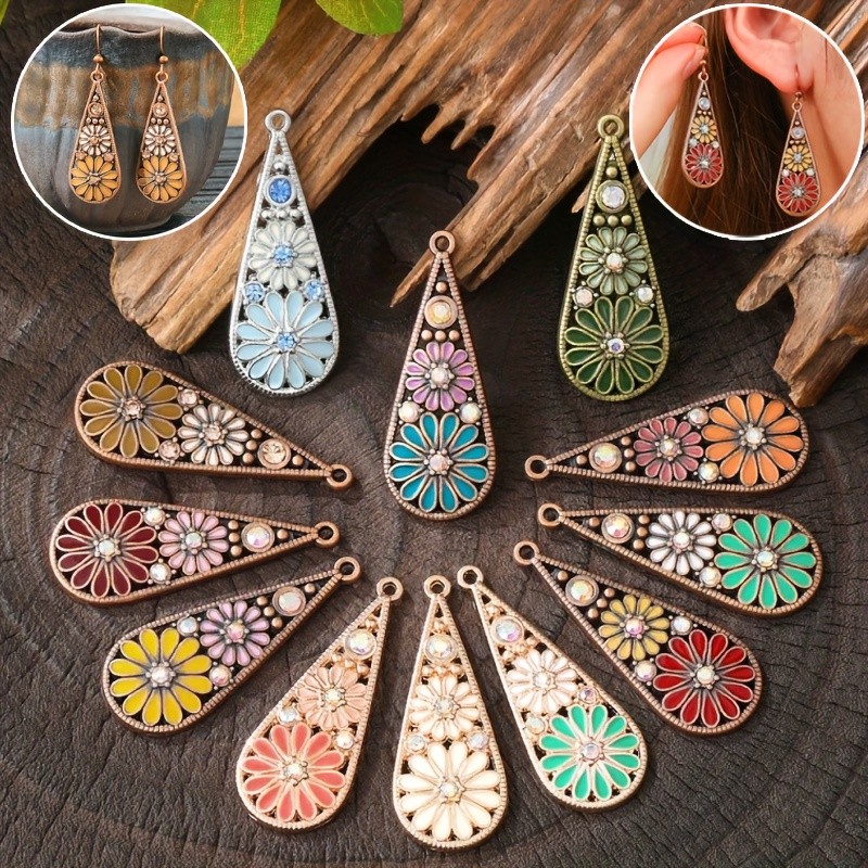 24Pcs Bohemian Daisy Teardrop Charms Rhinestone Enamel Pendants for DIY Earrings
