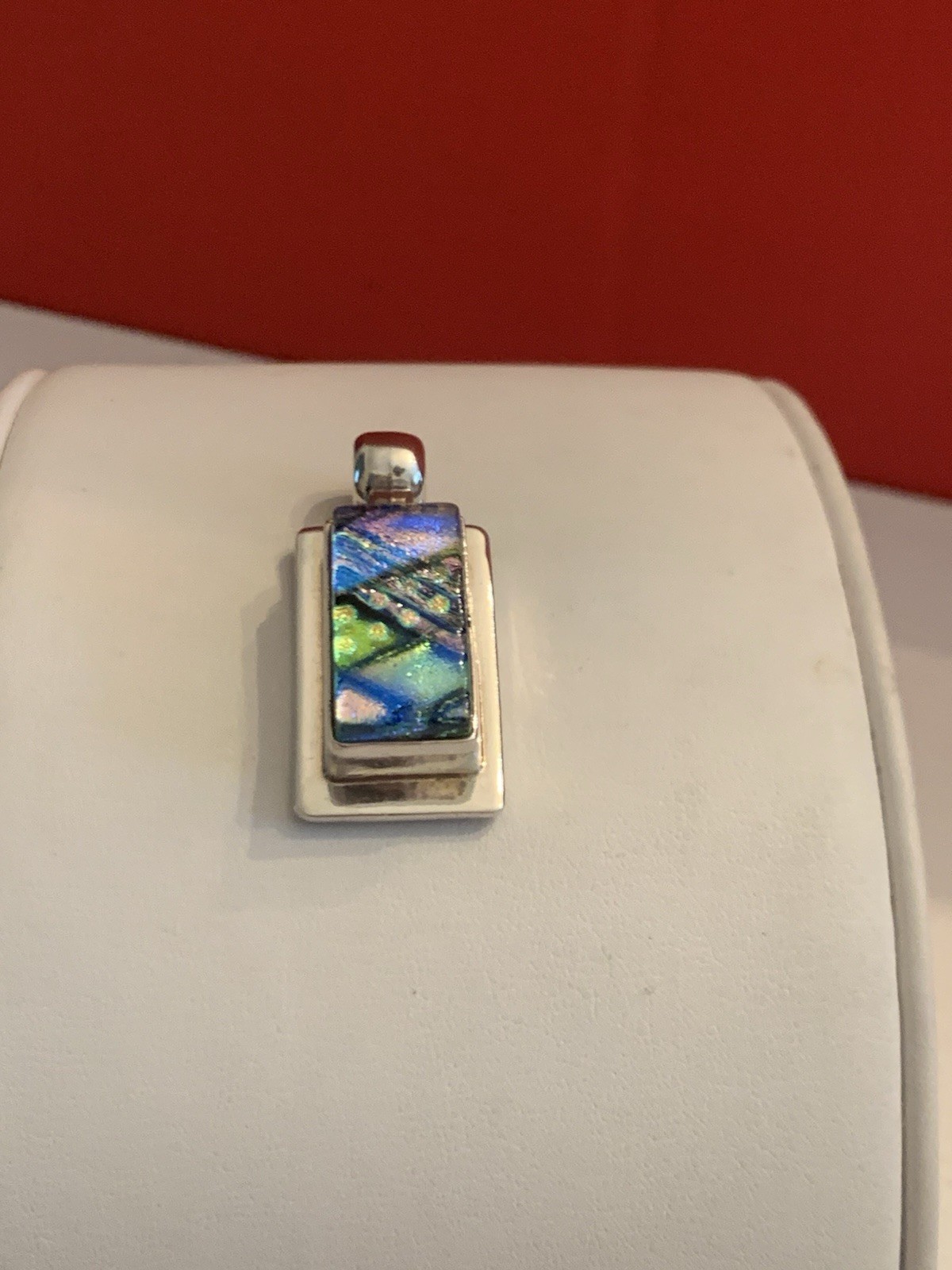 Vtg. Multi Color Dichroic Glass .925 Sterling Silver Pendant Rectangle- BinM