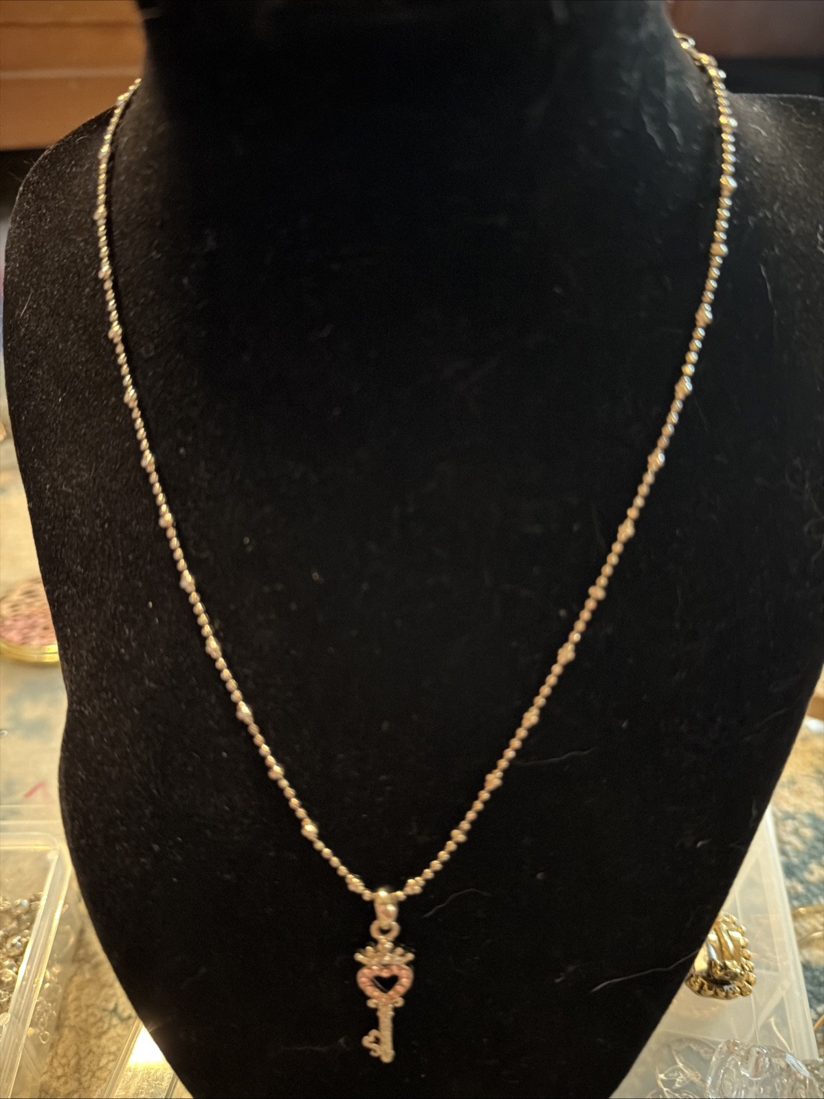 COOKIE LEE necklace heart key charm silvertone rhinestone J