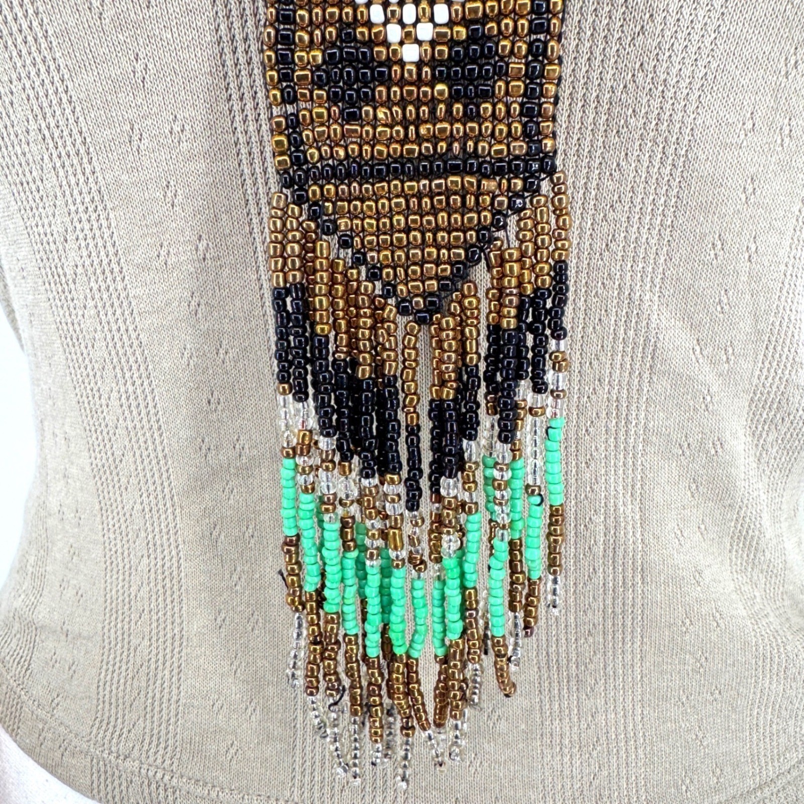 Boho Seed Bead Fringe Statement Necklace Southwestern Tribal Festival Western