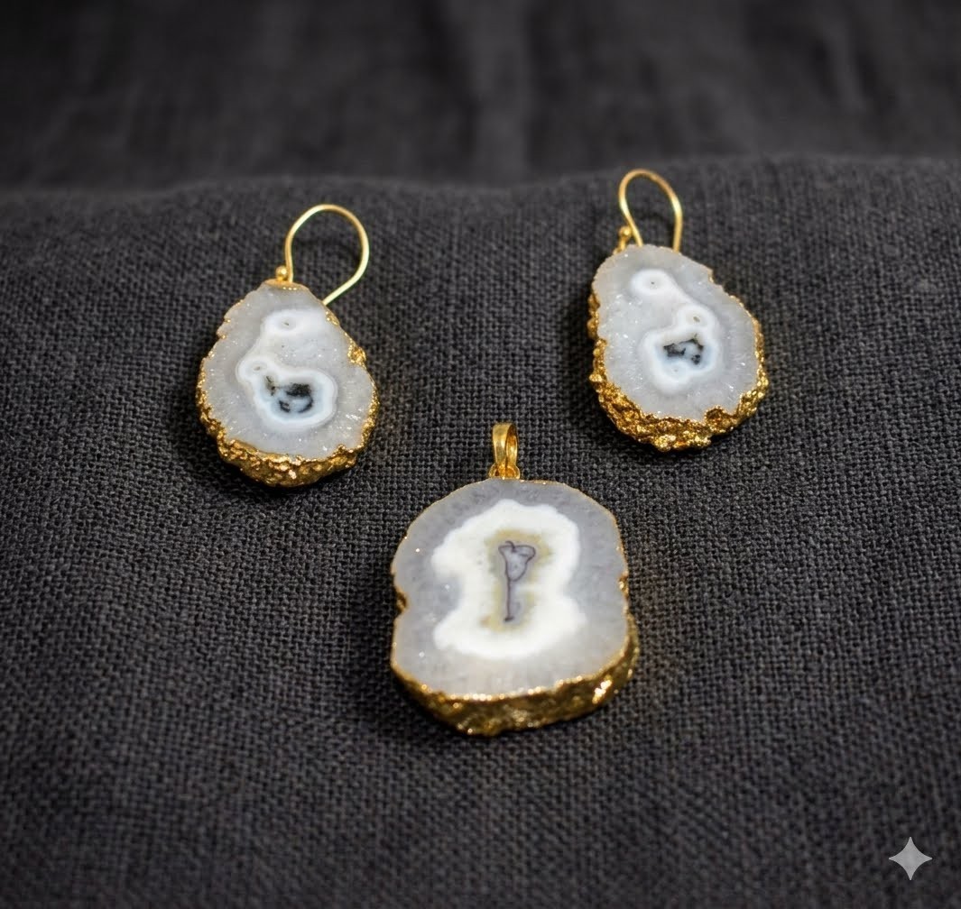 169Ct. Electroformed Gold Plated White Solar Agate Pendant With Earring Set-A593