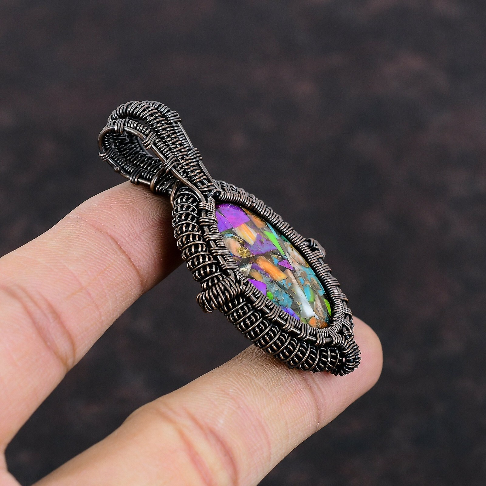 Women’s Day Sale Fiesta Kingman Turquoise Wire Wrapped Pendant Copper 2.44″