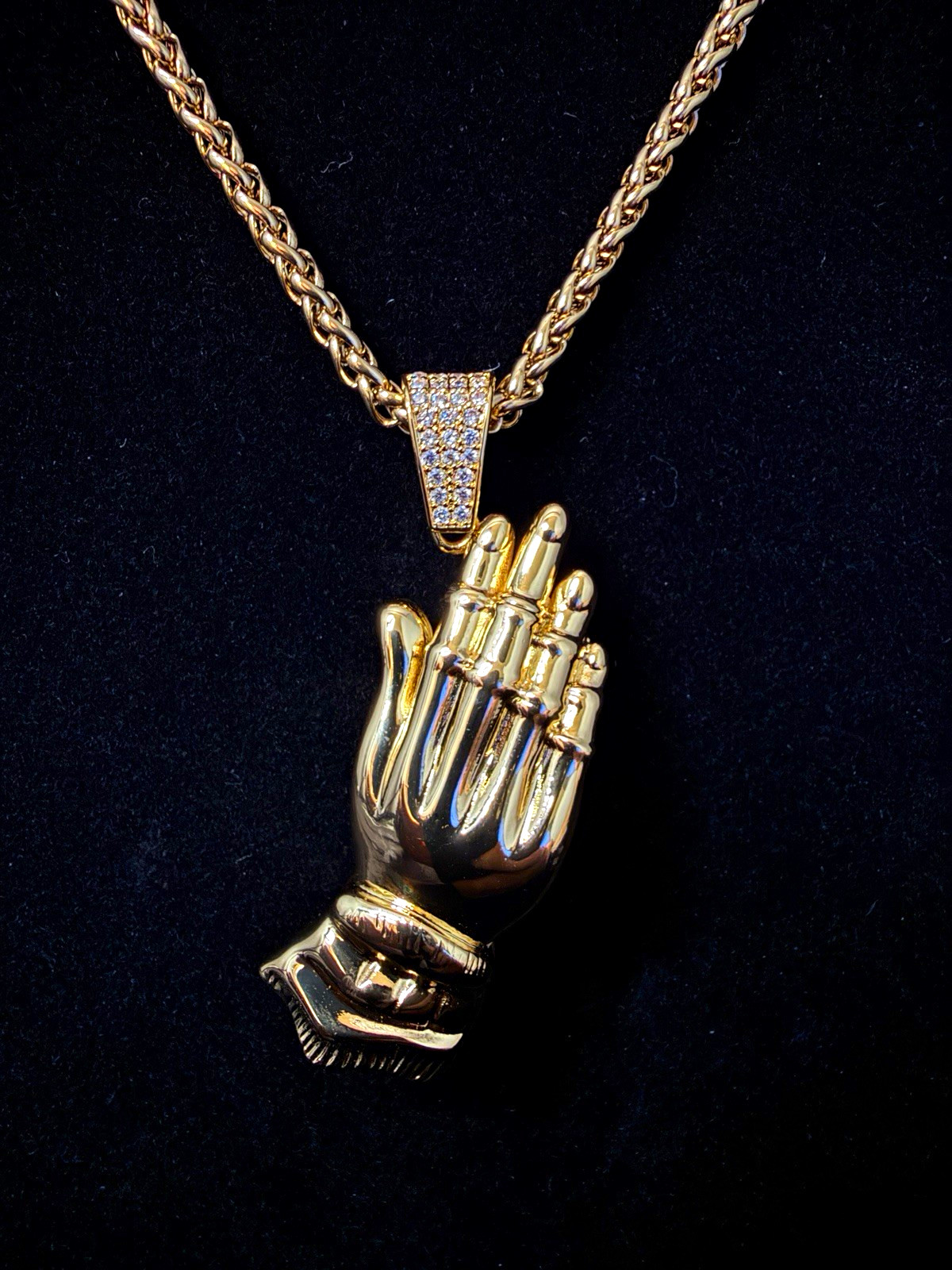 14K Gold Filled 24in Box/Rope Chain w/ Praying Hands Pendant AAA CZ Pavé Bail.
