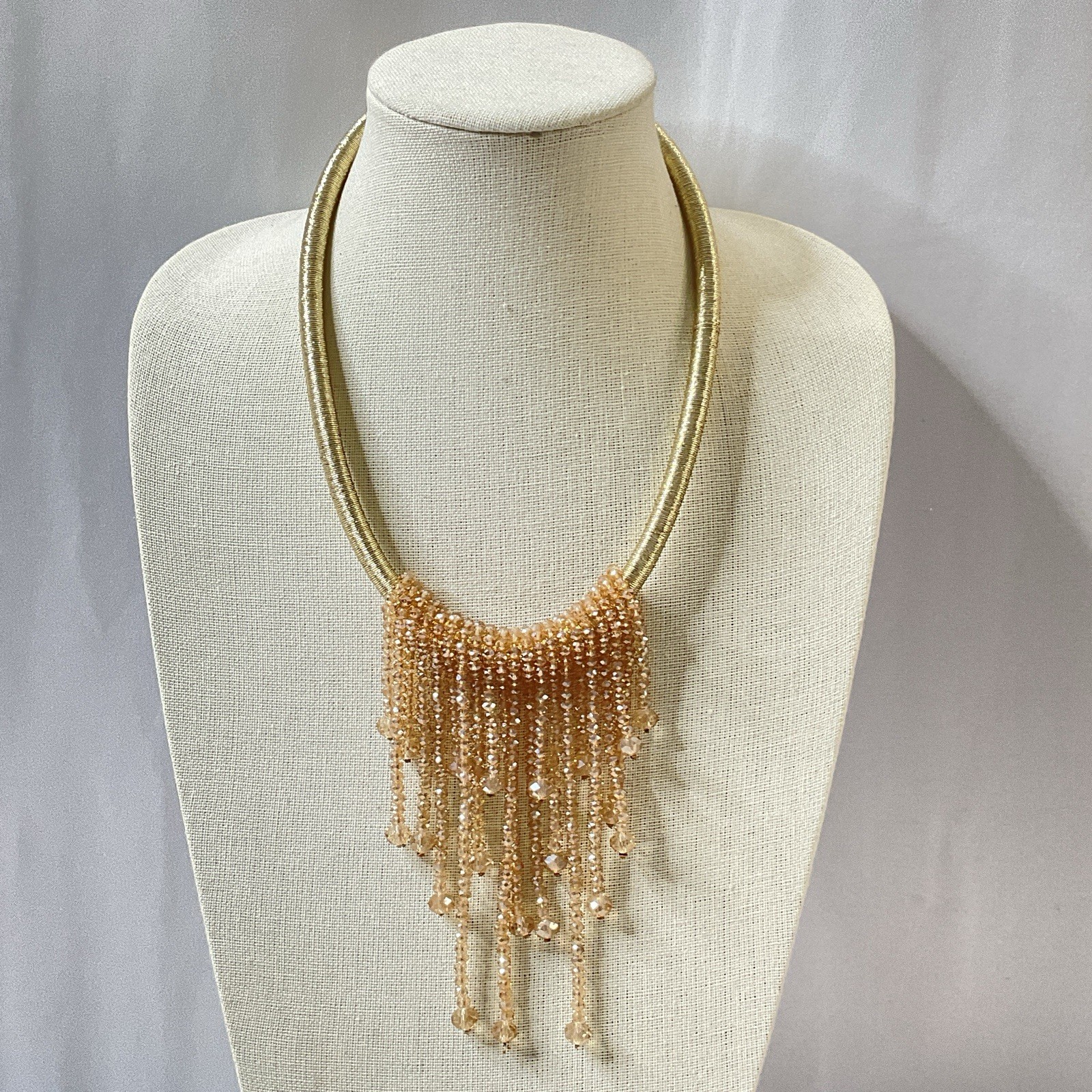 Statement Waterfall Necklace Pink Champagne Glass Bead Fringe 16–18 Inch