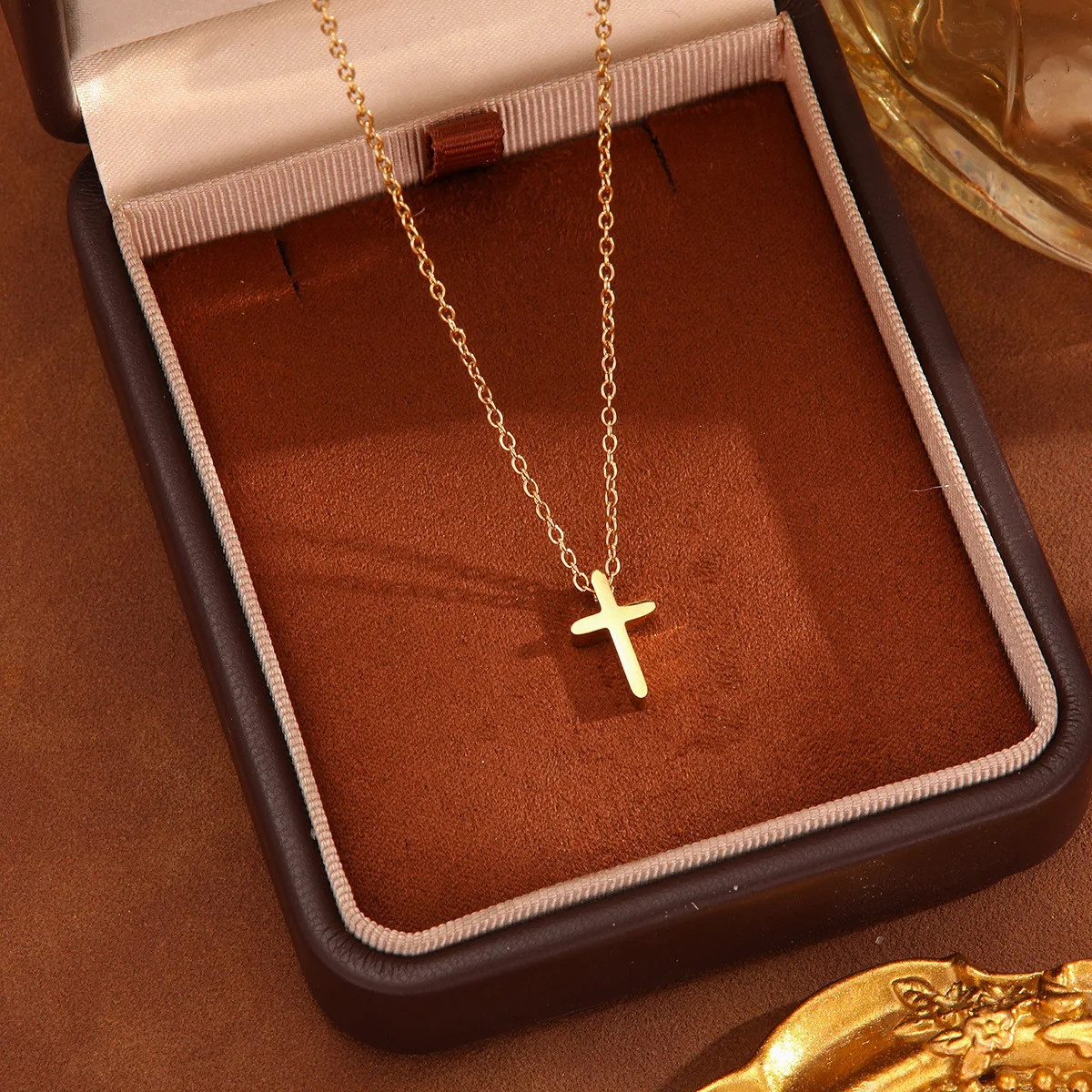 18K PVD Gold Plated Stainless Steel Cross Necklace for Women, Simple Dainty