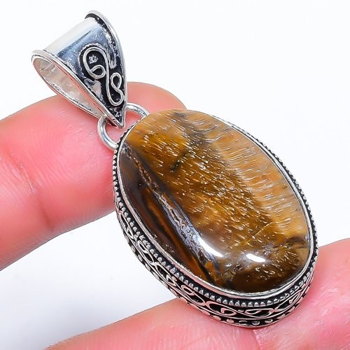 Natural Tiger’S Eye Gemstone 925 Silver Plated Jewelry Pendant 1.9″ S198