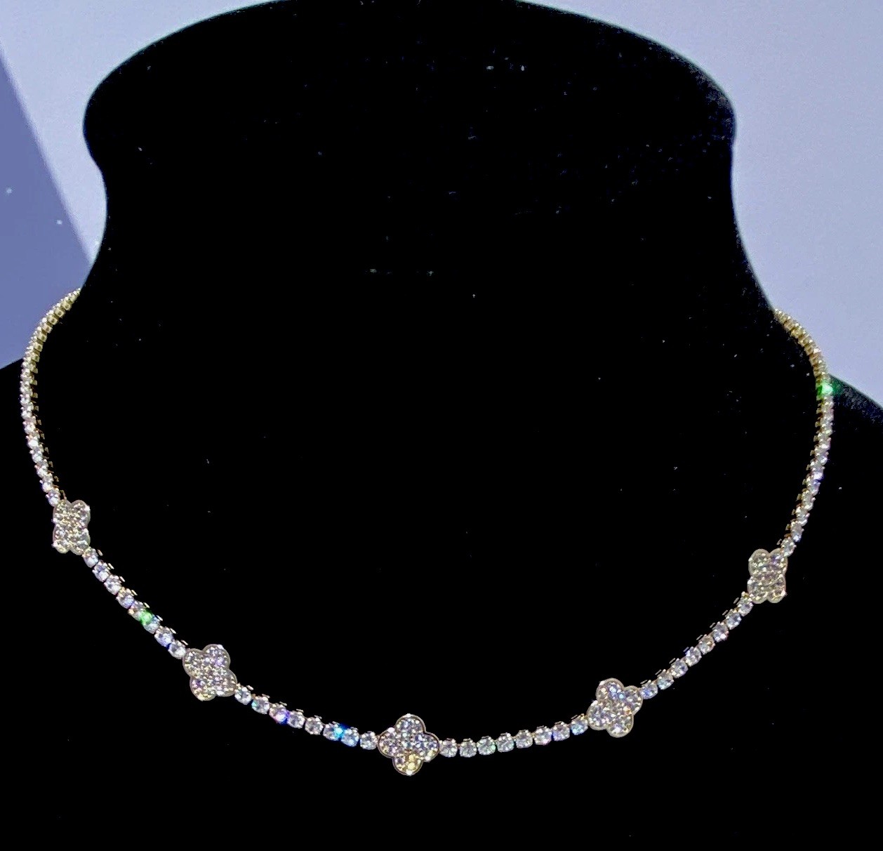Treasure Jewels Gold Tone 5 Clover Station Necklace White Pavé CZ Alhambra Style