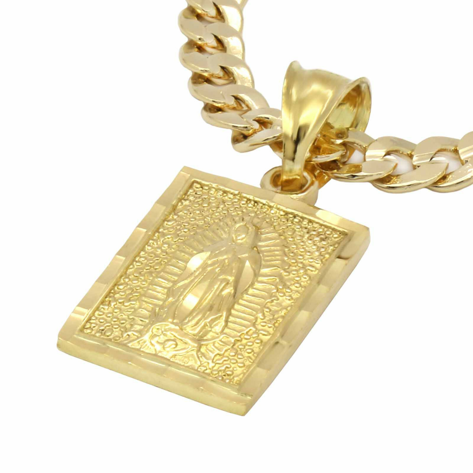 Mens 18k Gold Plated Brass Guadalupe Pendant 6mm 30″ Cuban Chain