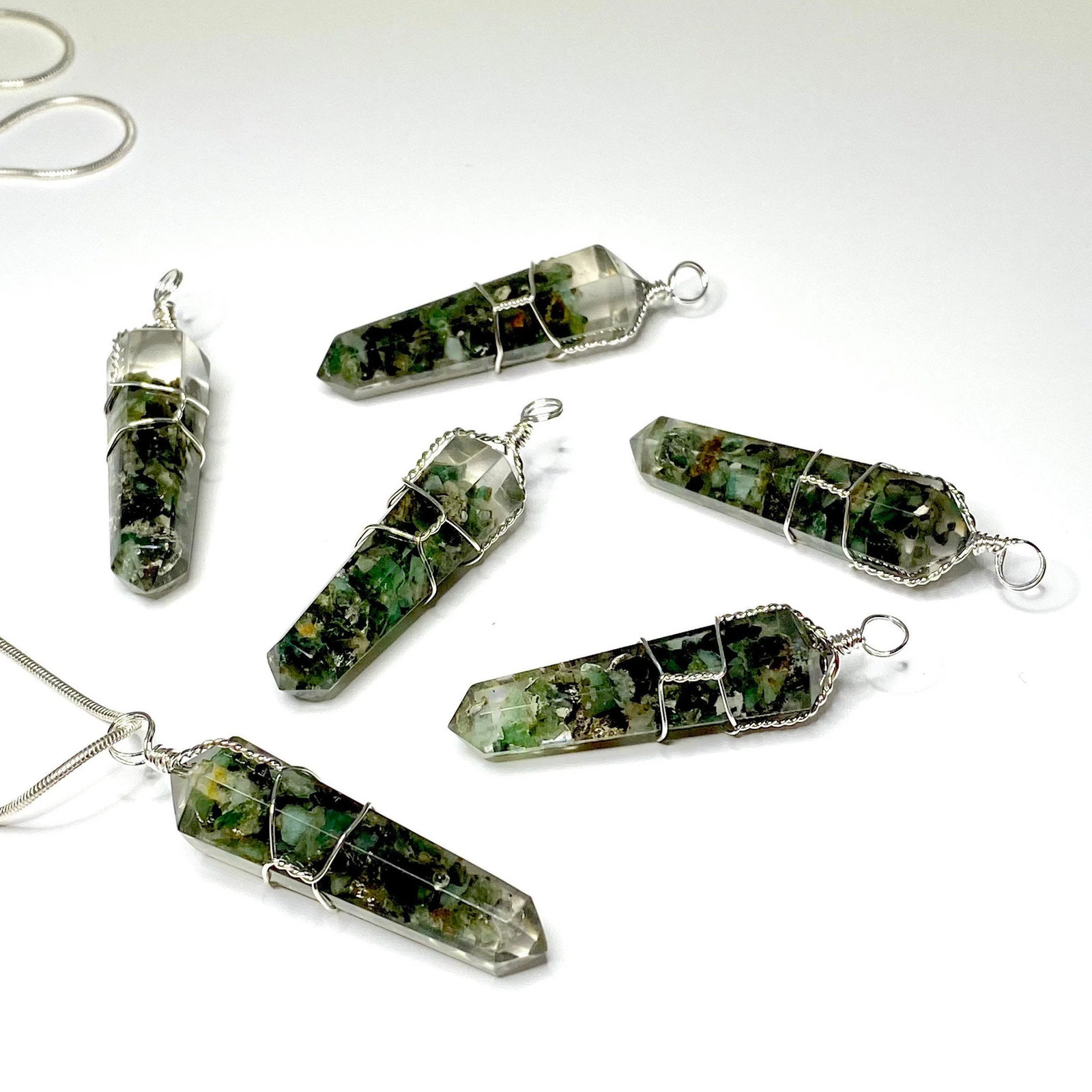 Emerald in Orgonite Wire Wrapped Pendant Necklace