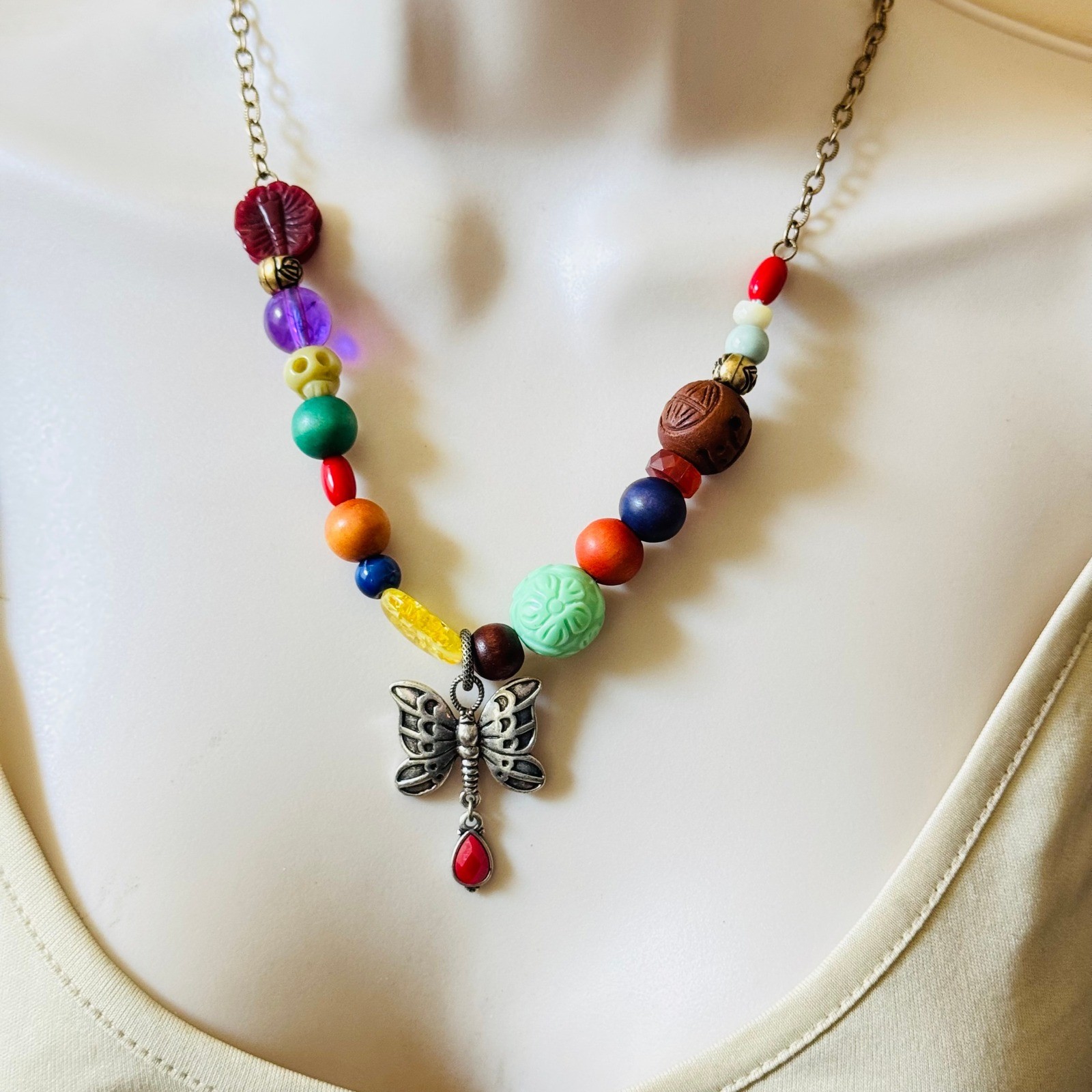 Lucky Brand Y2K Groovy Butterfly Necklace Brass Statement Chunky Boho Beaded