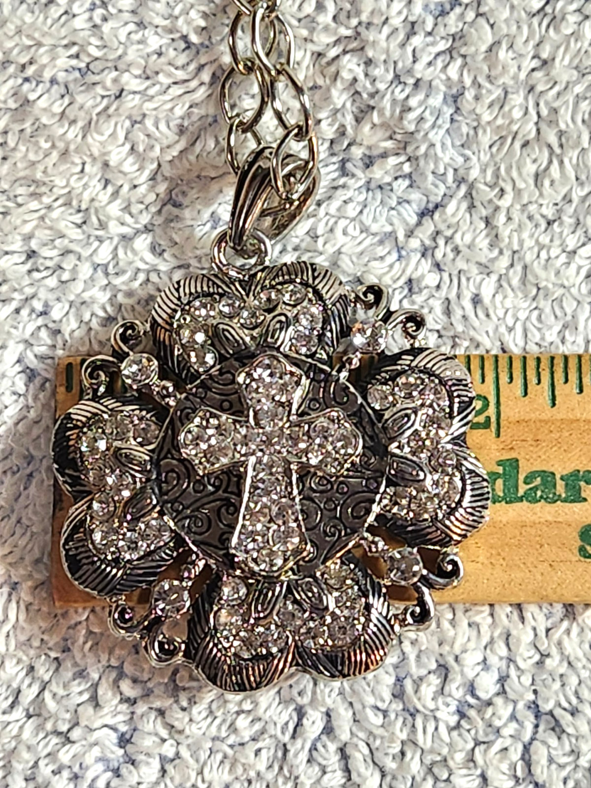 Silver Tone Rhinestone Cross 2″ Round Pendant 18″ + 2″ Necklace