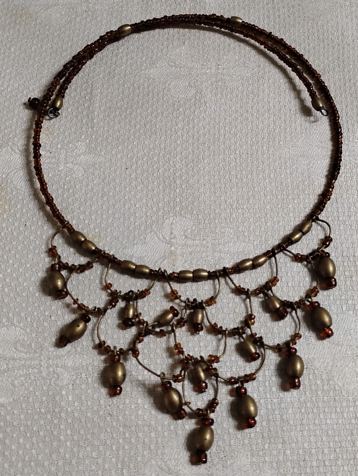 Vintage BT Metal Wire Amber Glass Seed Bead Beaded Swag Bib 18″ Choker Necklace