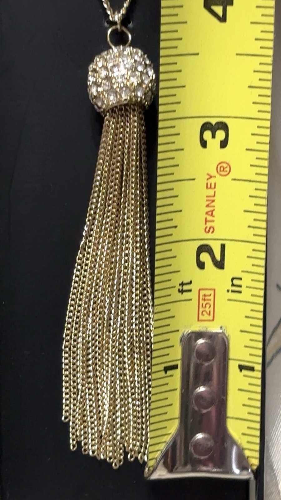 Gold Tone Crystal Tassel Statement Necklace 34″ Oval Link Pavé Fashion Jewelry