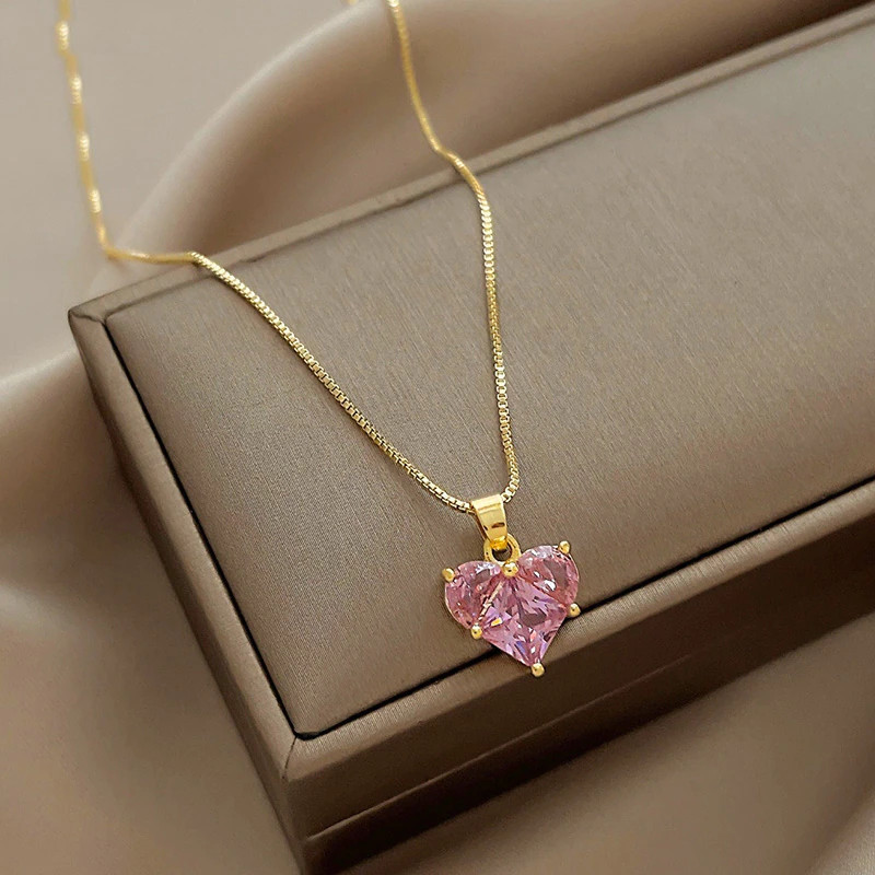 Women’s Fashion Jewelry Gold Pink Rhinestone Heart Pendant Necklace 1-228