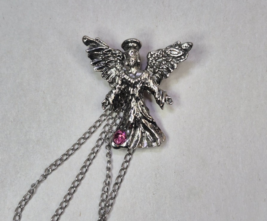 Silver Tone Guardian Angel Pendant w/ Pink Rhinestone & Dangle Beads 3.75″
