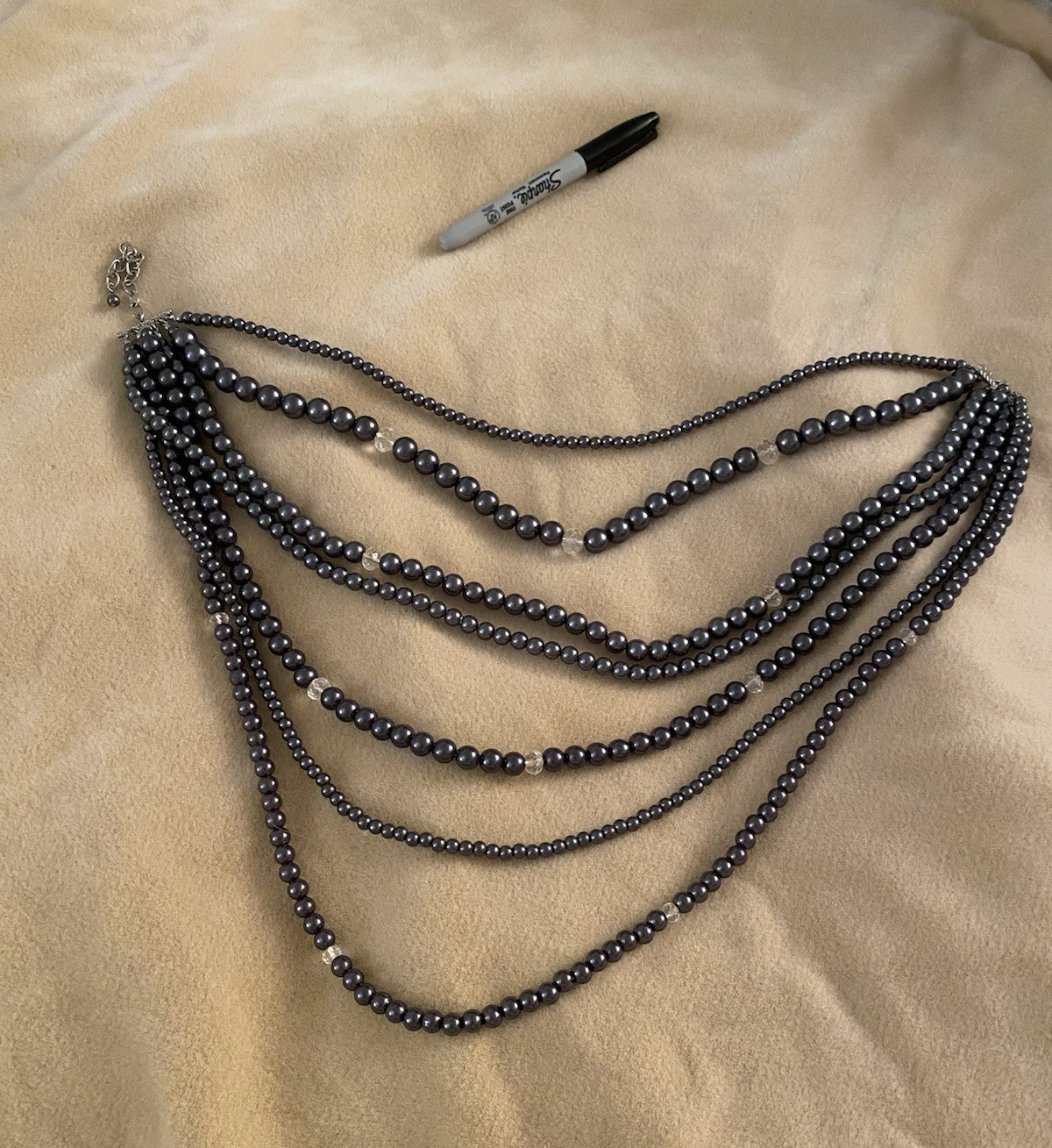 Gray Round Pearl Multi-Strand Layered Beaded Necklace, Lobster Clasp Closure