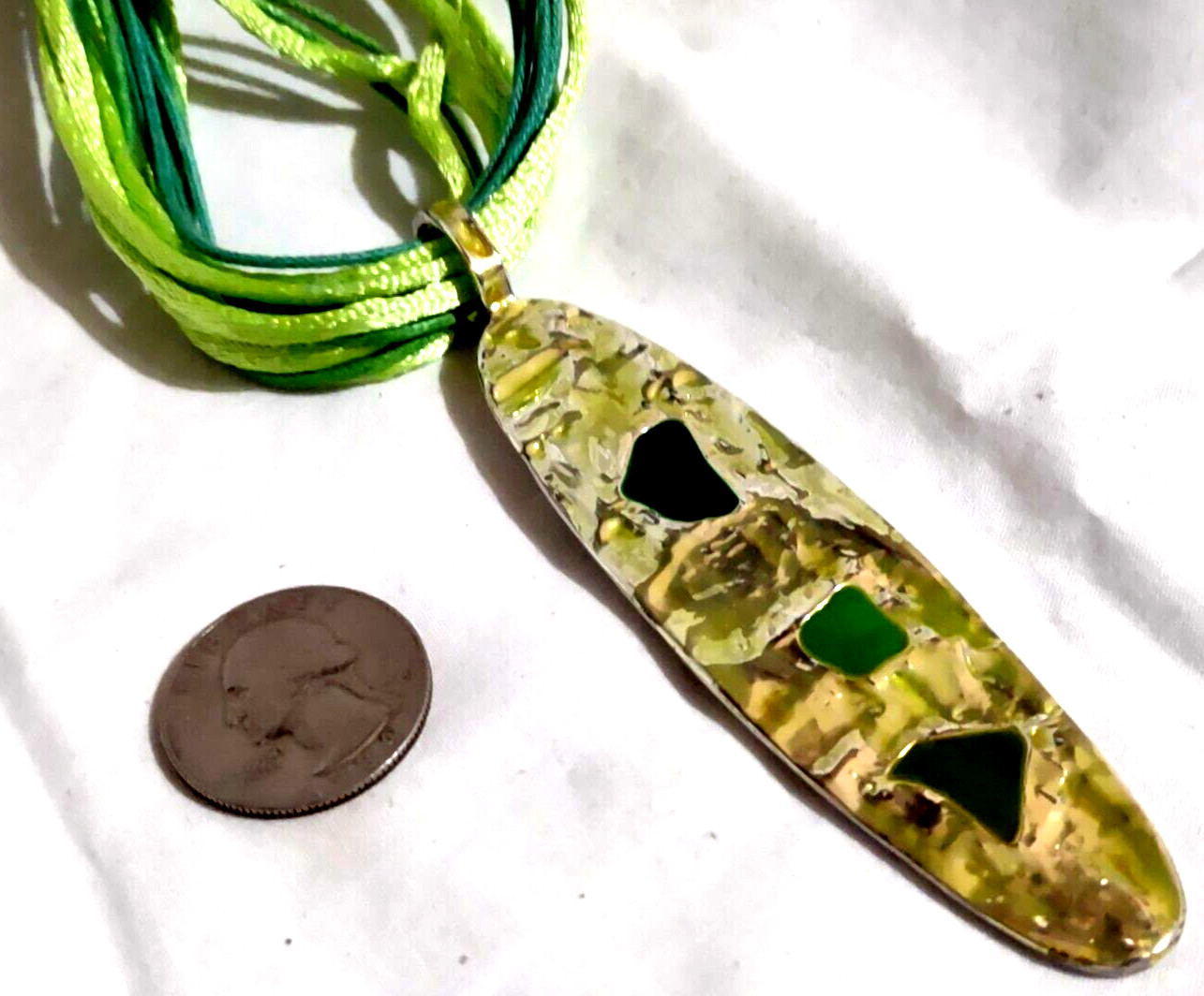 Metal & Glass Necklace Pendant on Chartreuse Cord Reversible Gold & Silver Tone