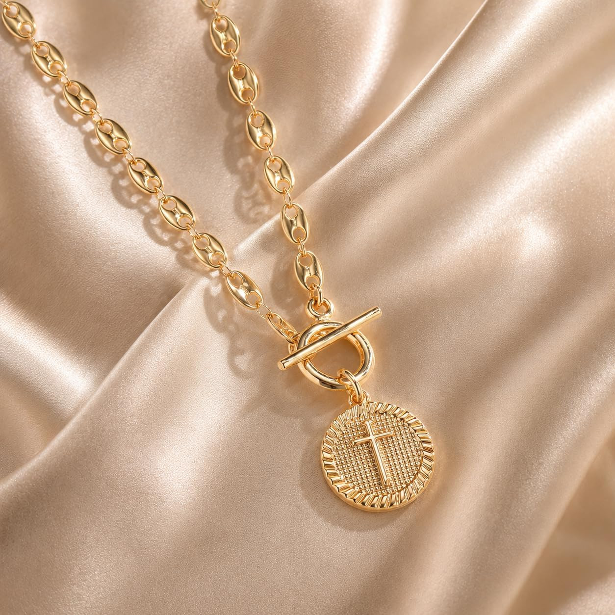 Gold Cross Necklace for Women Trendy Chunky Toggle Necklace 14K Gold Plated Cros