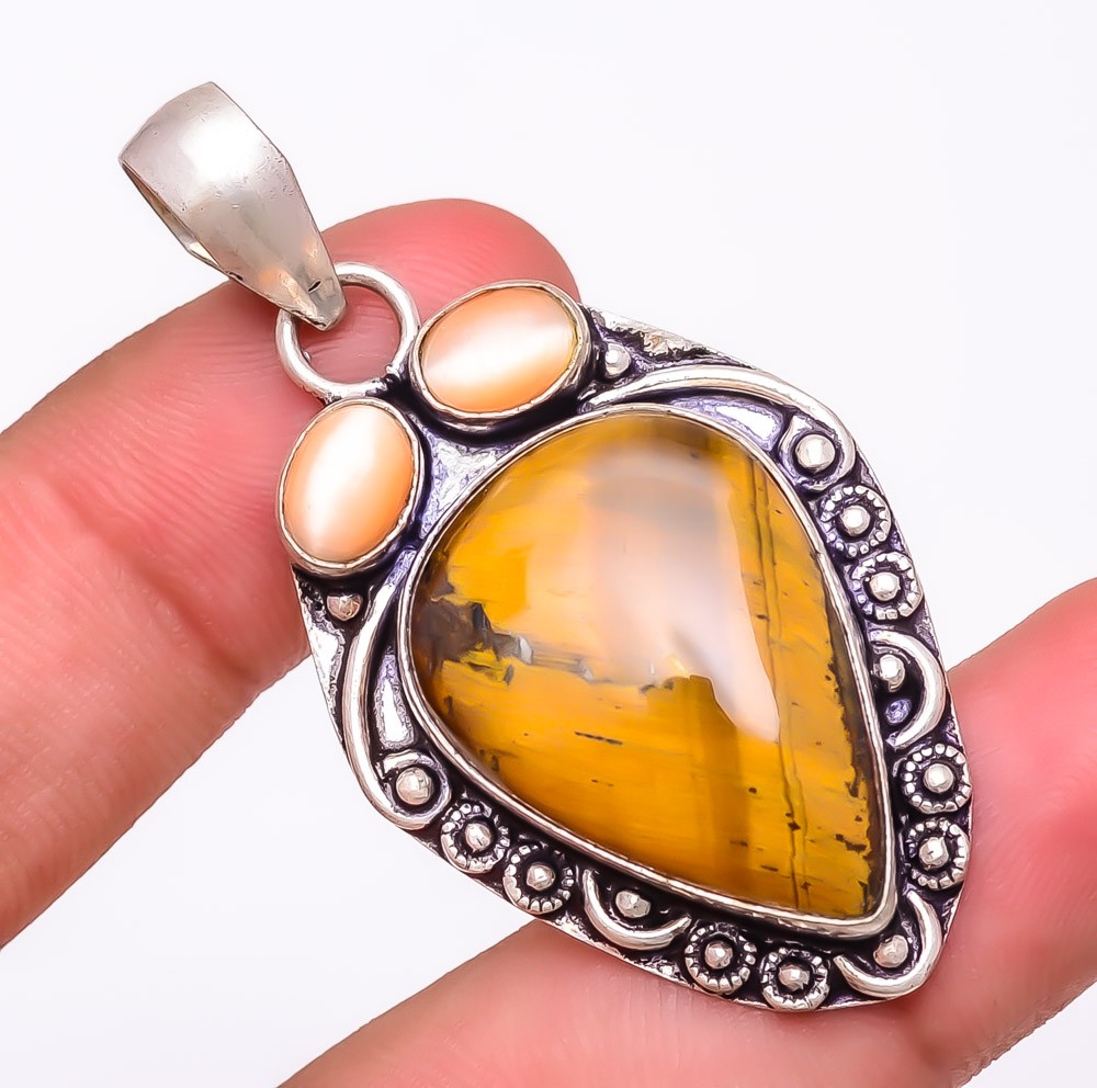 Natural Tiger’S Eye & Cat’S Eye 925 Silver Plated Jewelry Pendant 2.1″ F2543
