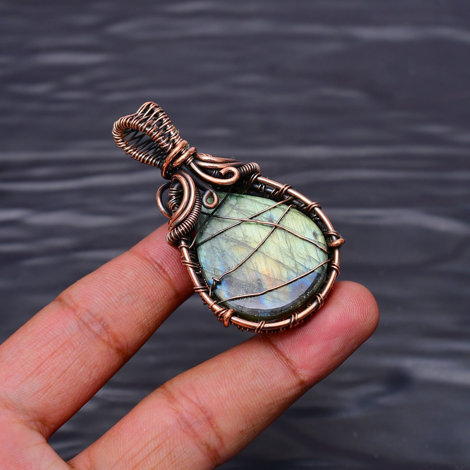 Labradorite Gemstone Copper Wire Wrapped Handmade Jewelry Pendant 2.08″