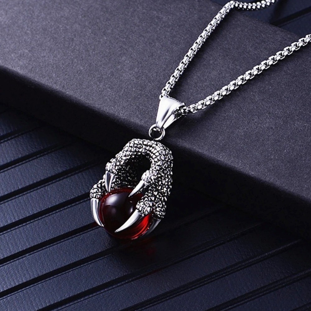 Punk Men’s Retro 3D Dragon Claw Red Crystal Ball Classic Box Chain Necklace