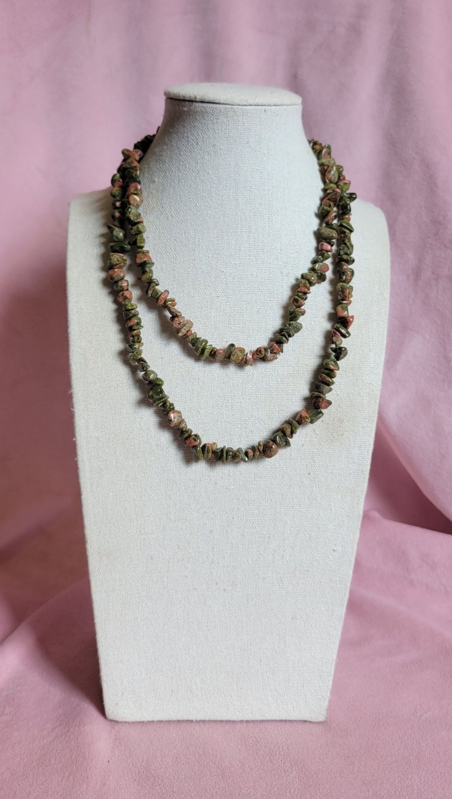 Long Green Unakite Stone Chip Beaded Necklace N1A